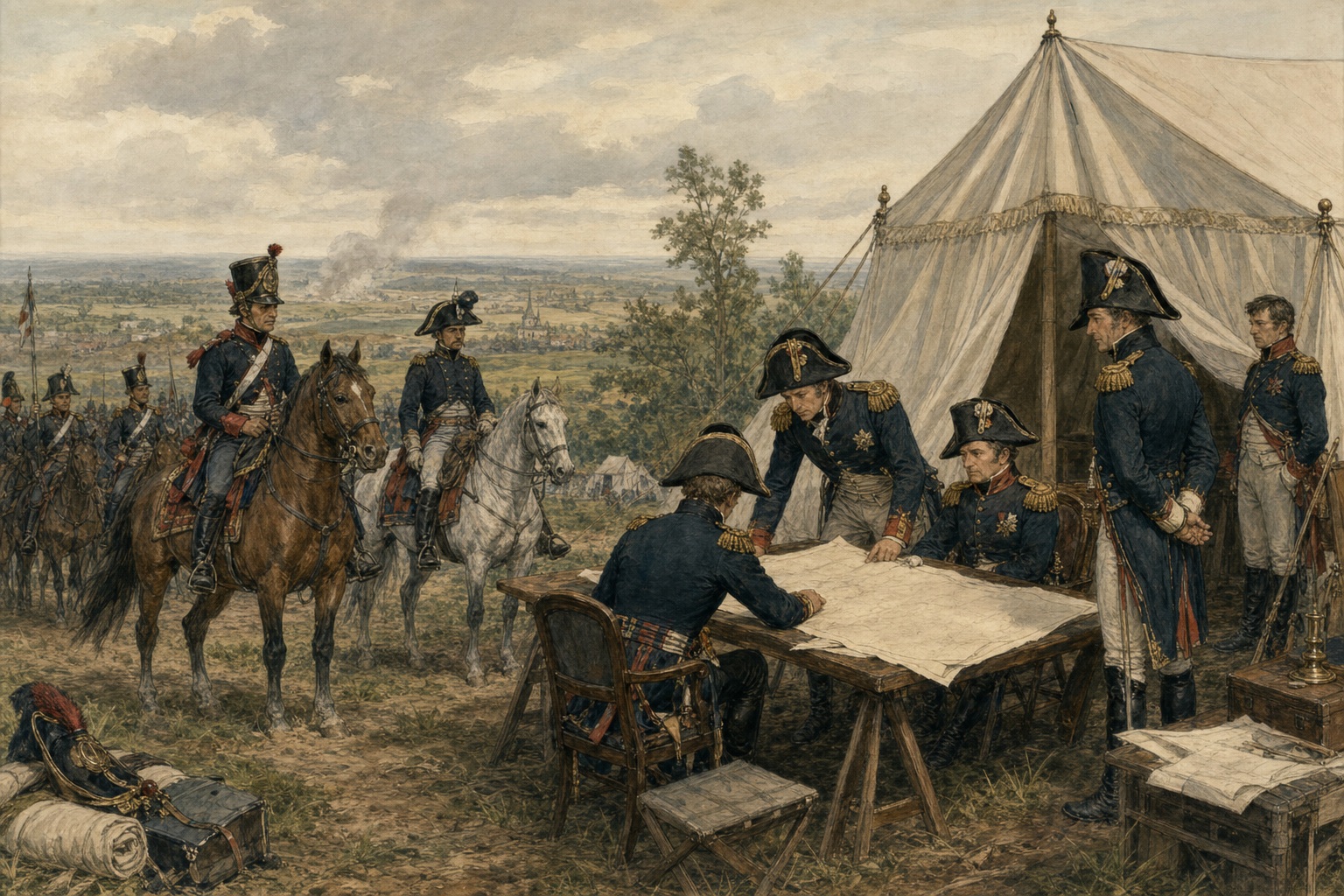 Officers gathered around a large map beside a command tent as mounted couriers arrive