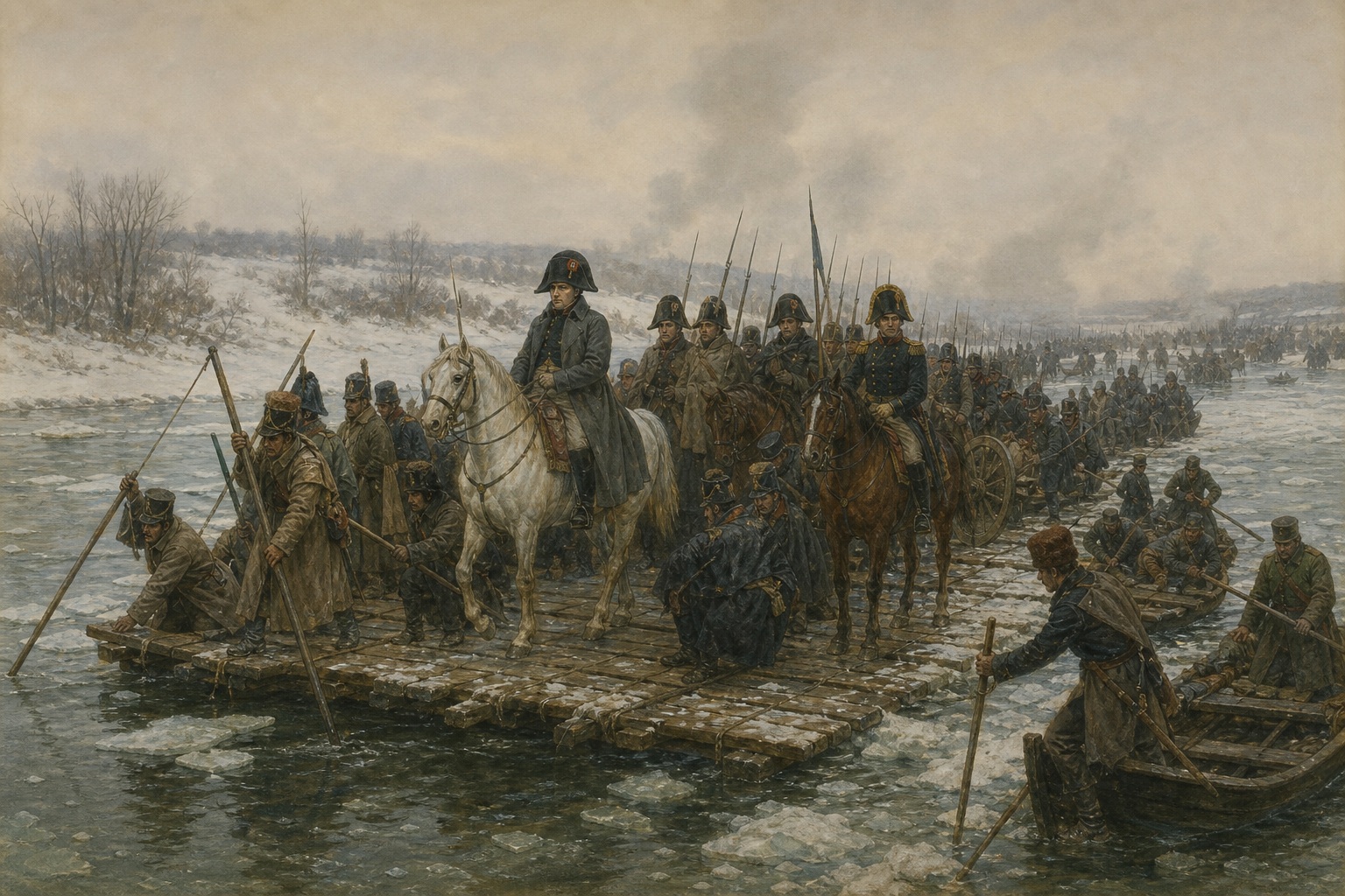 A long column of troops, cavalry, and artillery crossing an ice-filled river on rafts and boats