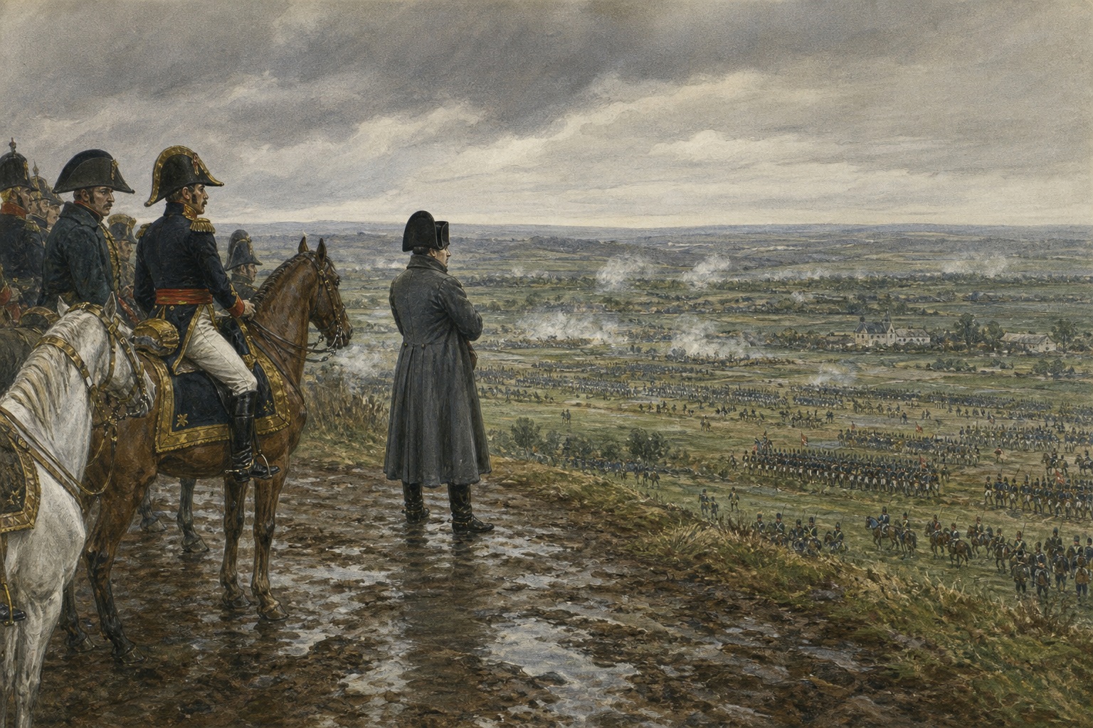 Officers on a muddy ridge overlooking distant infantry and cavalry formations beneath rain clouds