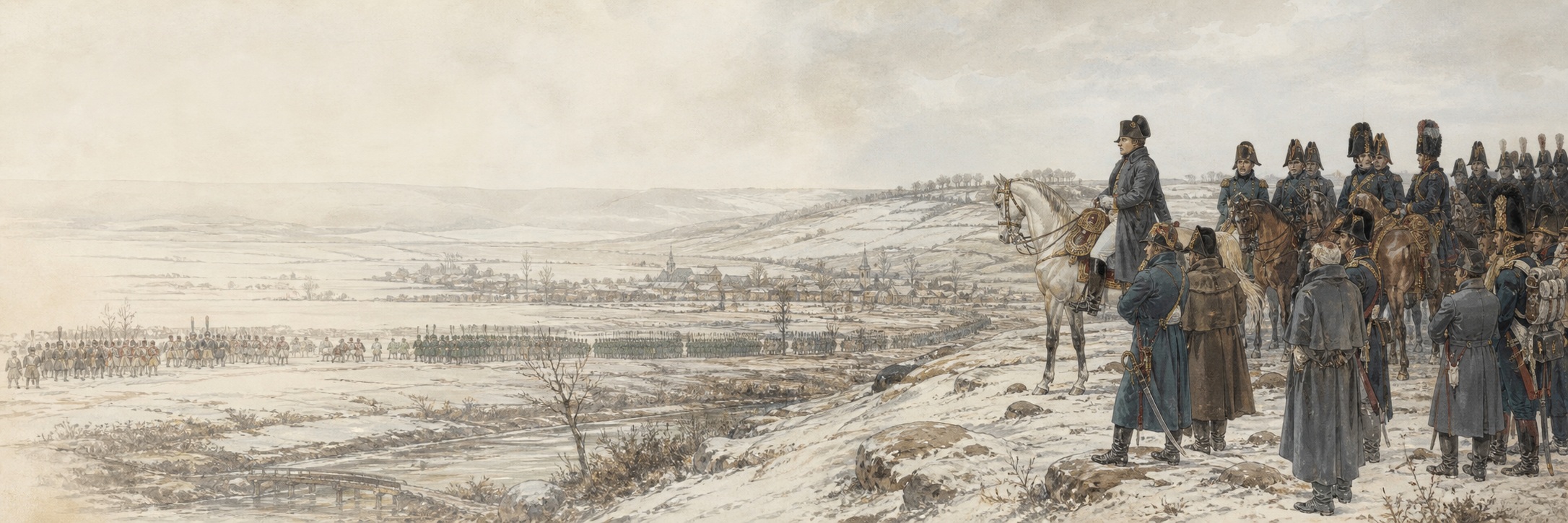 A mounted commander and assembled troops on a rise overlooking a snow-covered European valley