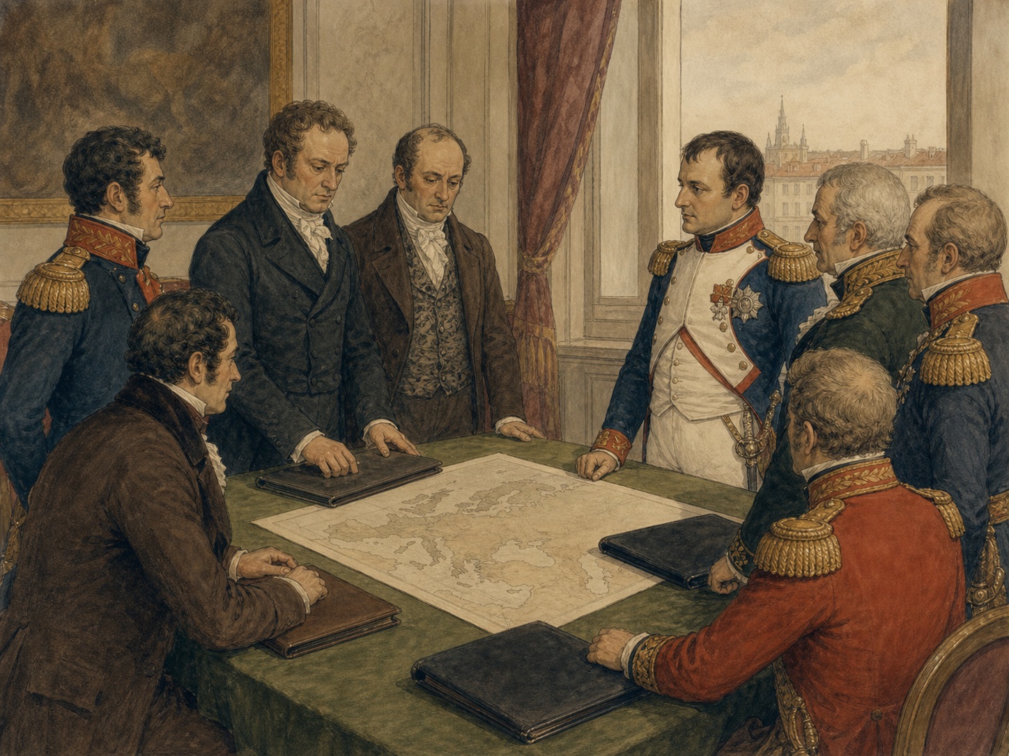 Diplomats and uniformed officers gathered around an unlabeled map indoors