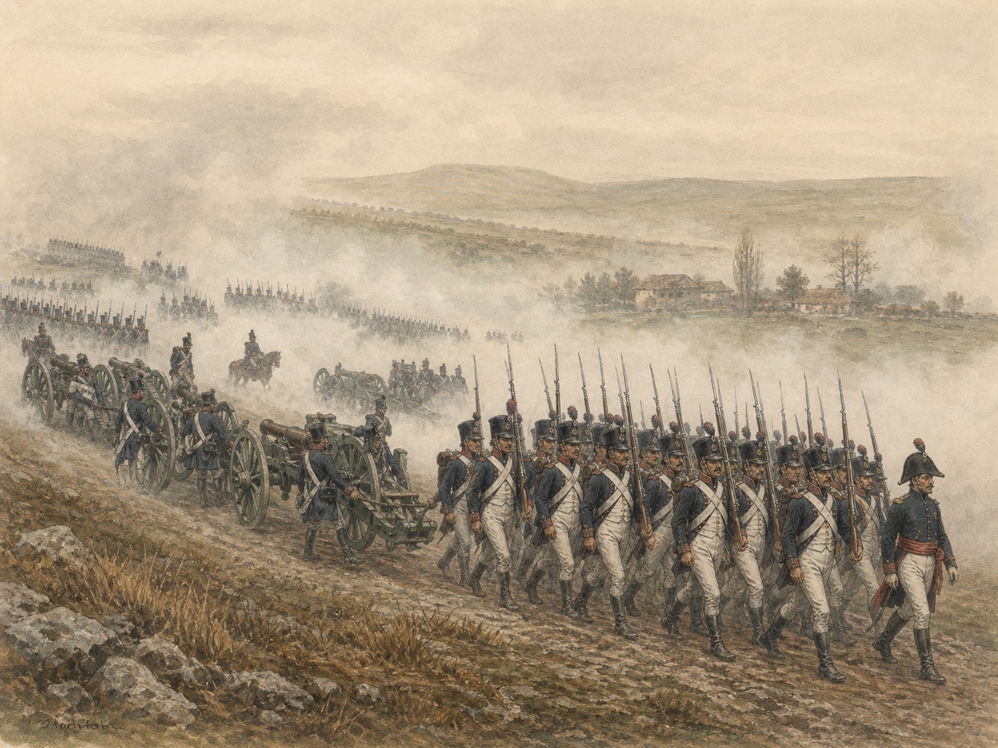 Infantry and artillery advancing in formation through misty hills