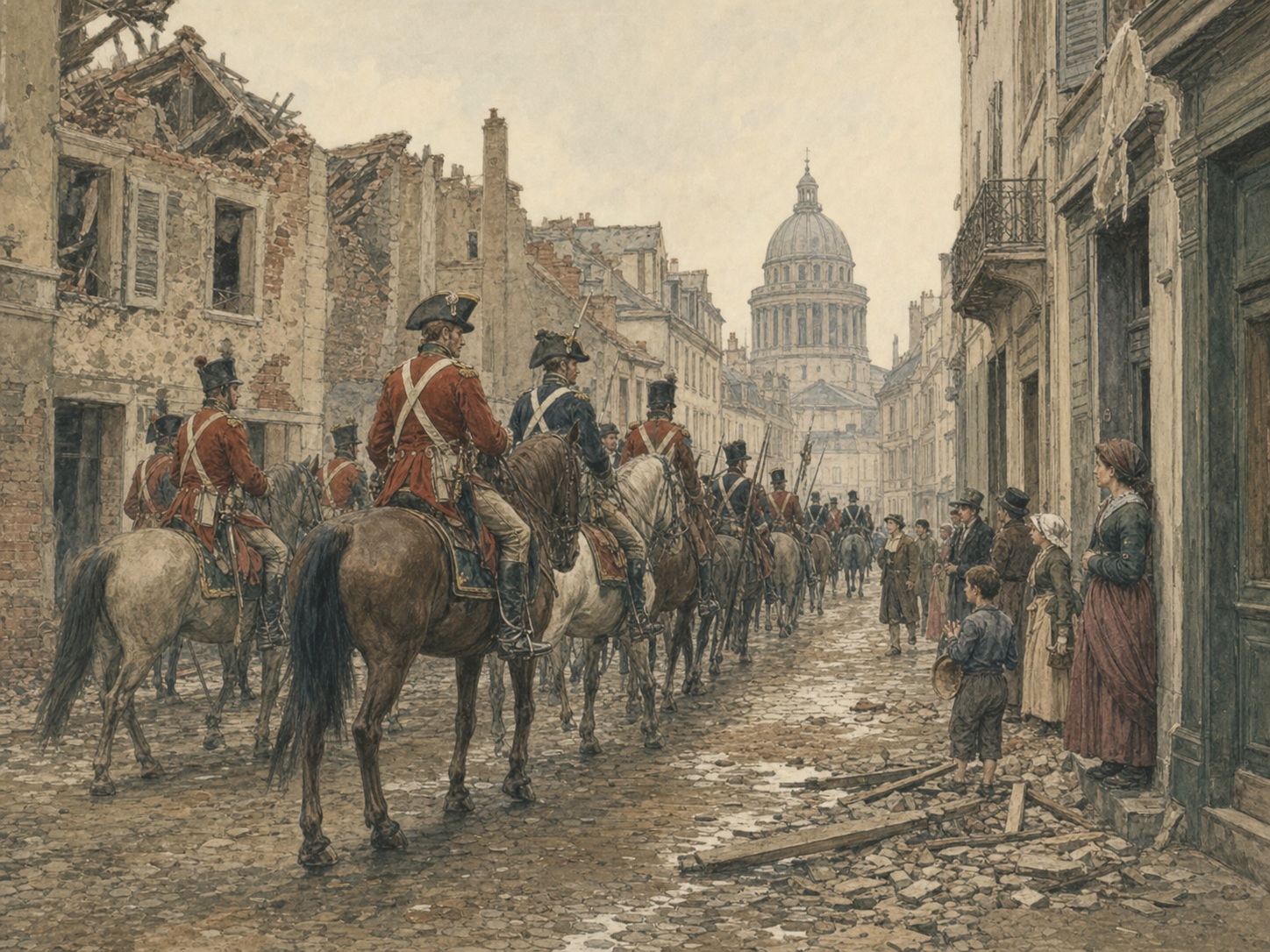 A column of mounted troops entering a damaged Paris street as civilians watch