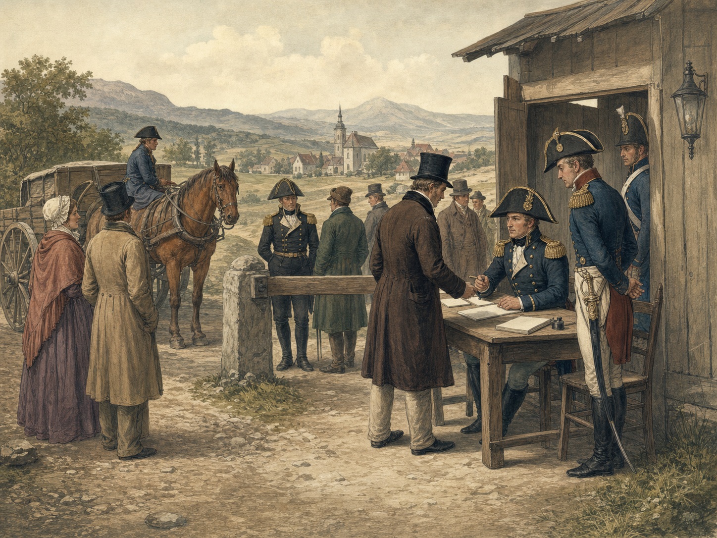 Travelers and civilians waiting beside a horse cart while an official works at a mountain customs post