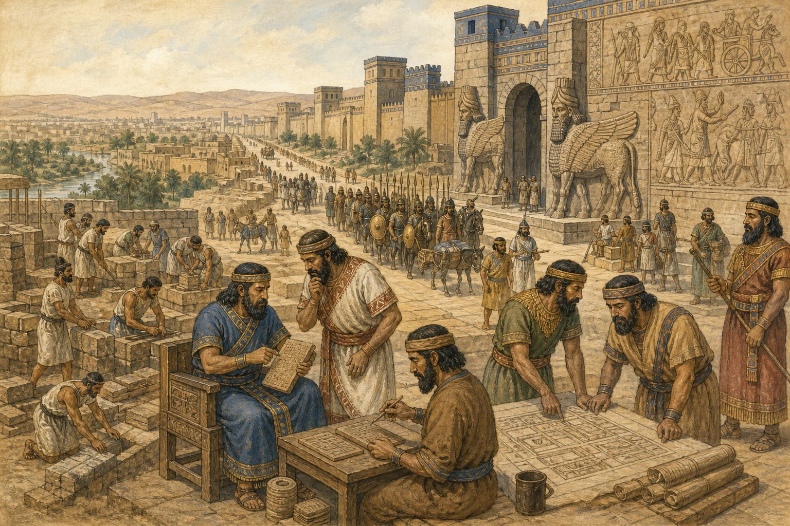 A damaged city and displaced travelers representing the aftermath of Nineveh’s fall