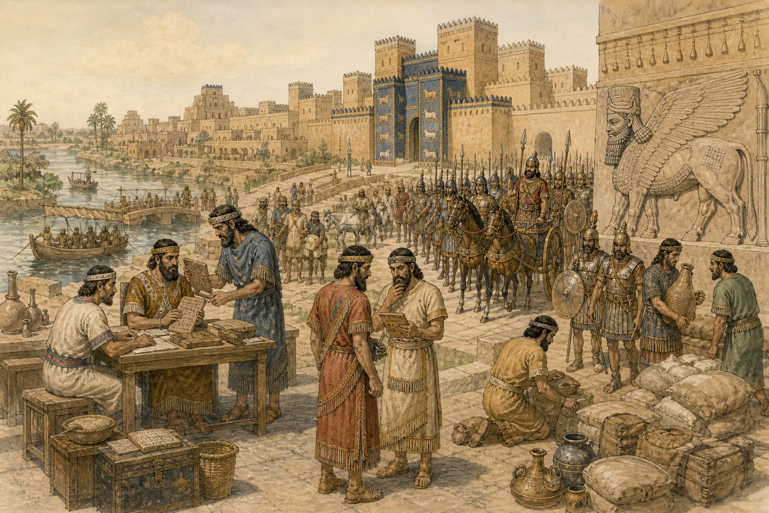 Assyrian soldiers and provincial officials preparing the machinery of imperial expansion
