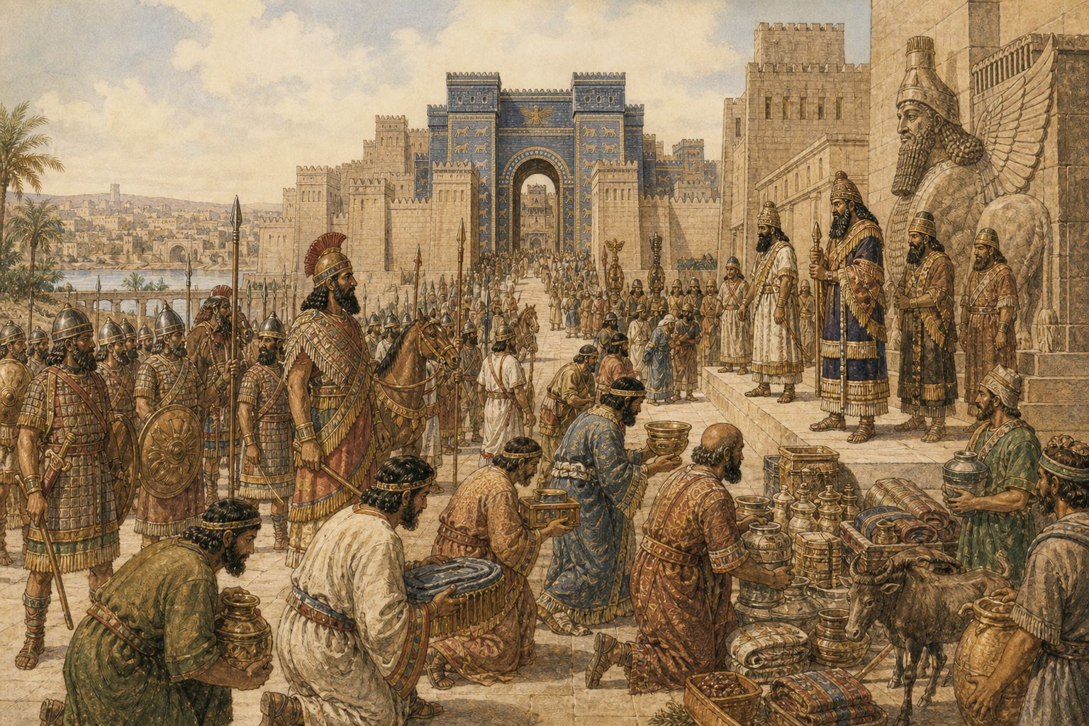 Soldiers and tribute-bearing envoys crossing before a palace gate during Neo-Assyrian imperial rule