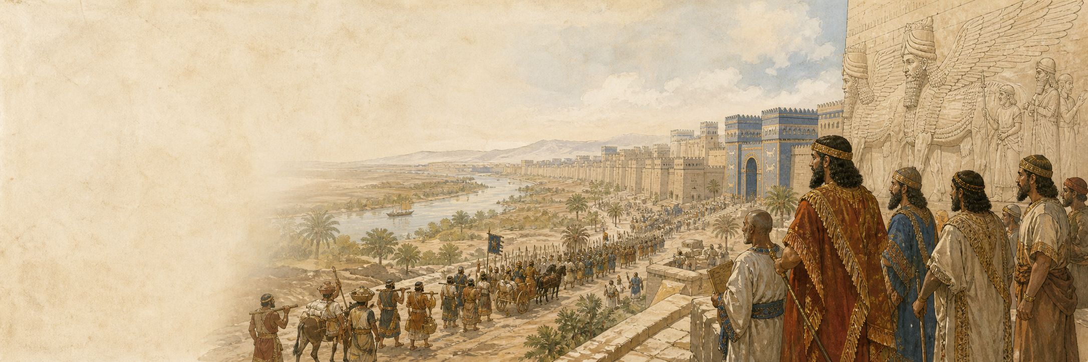 A Neo-Assyrian reconstruction with scribes, soldiers, and tribute-bearing envoys crossing before a palace gate at Nineveh
