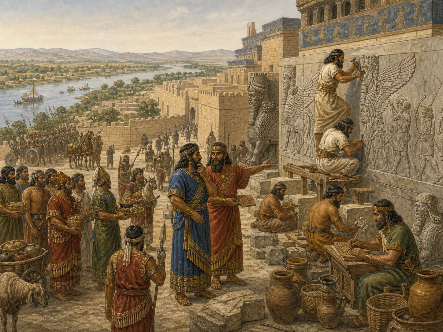 Northern Mesopotamian cities, irrigated fields, and scribal tools showing society before imperial expansion
