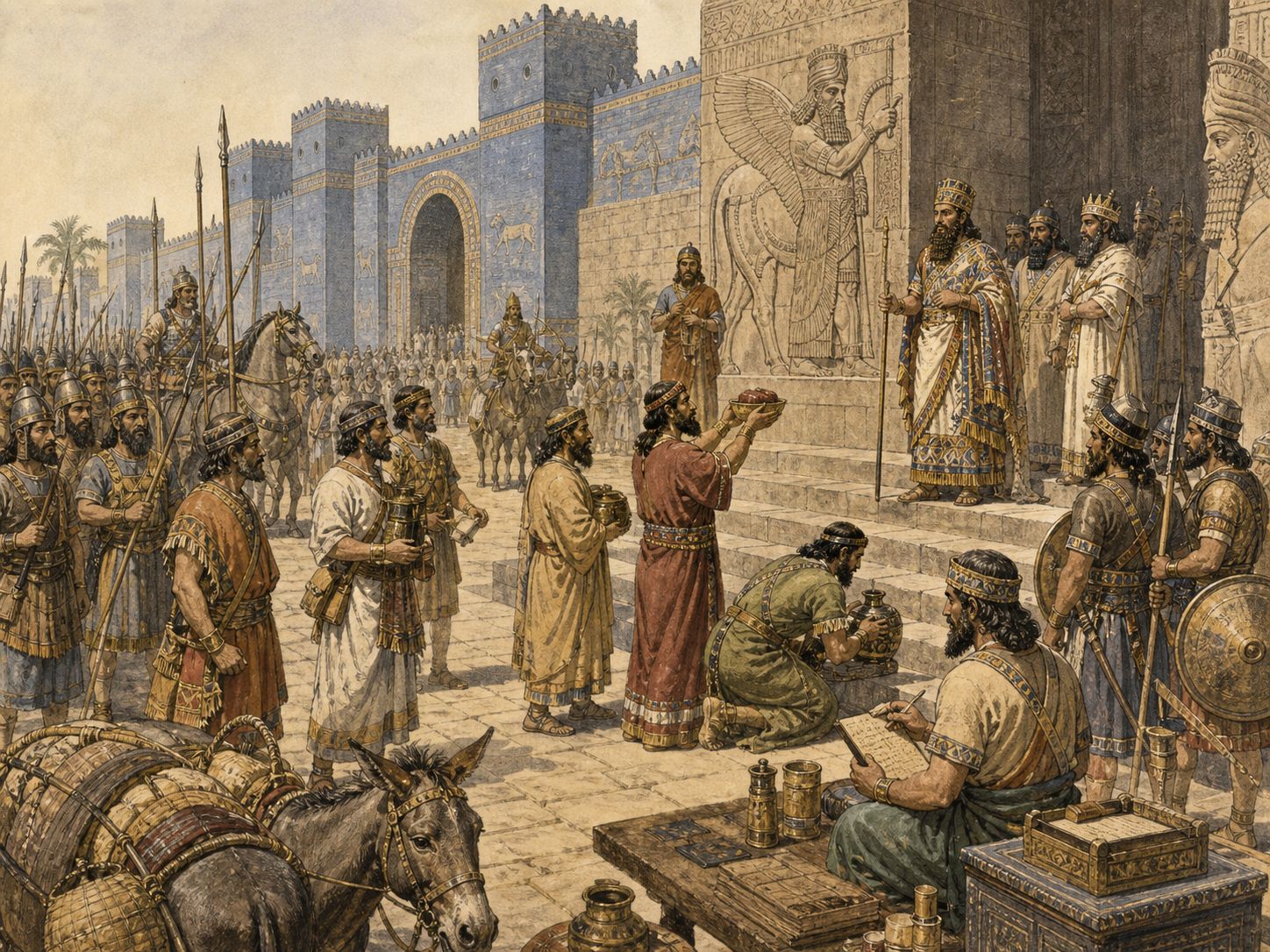 Soldiers and tribute-bearing envoys crossing at a palace gate in the Neo-Assyrian imperial center