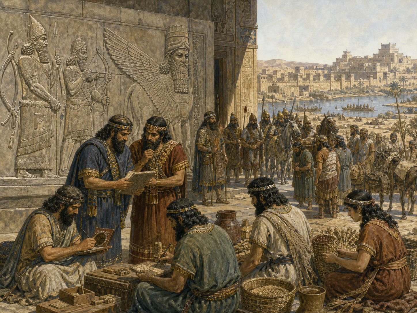 Royal officials receiving tribute in storerooms as imperial institutions operate through the city