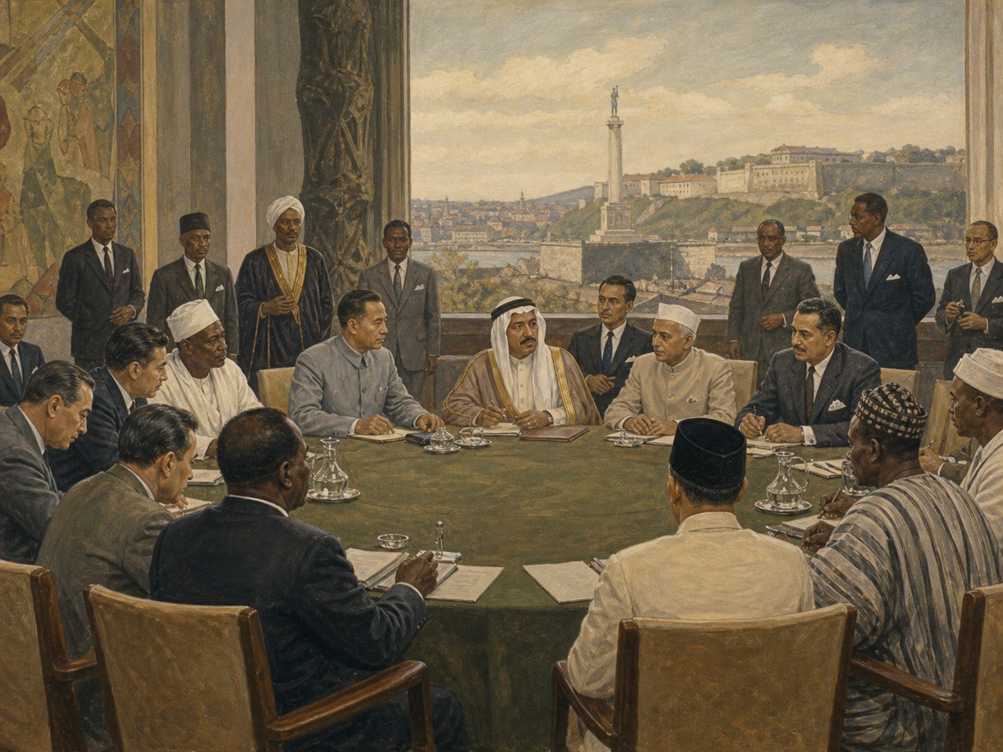 Historical reconstruction of Founding of the Non-Aligned Movement's central action: Leaders from Yugoslavia, India, Egypt, Indonesia, Ghana, and other states met and articulated common principles.