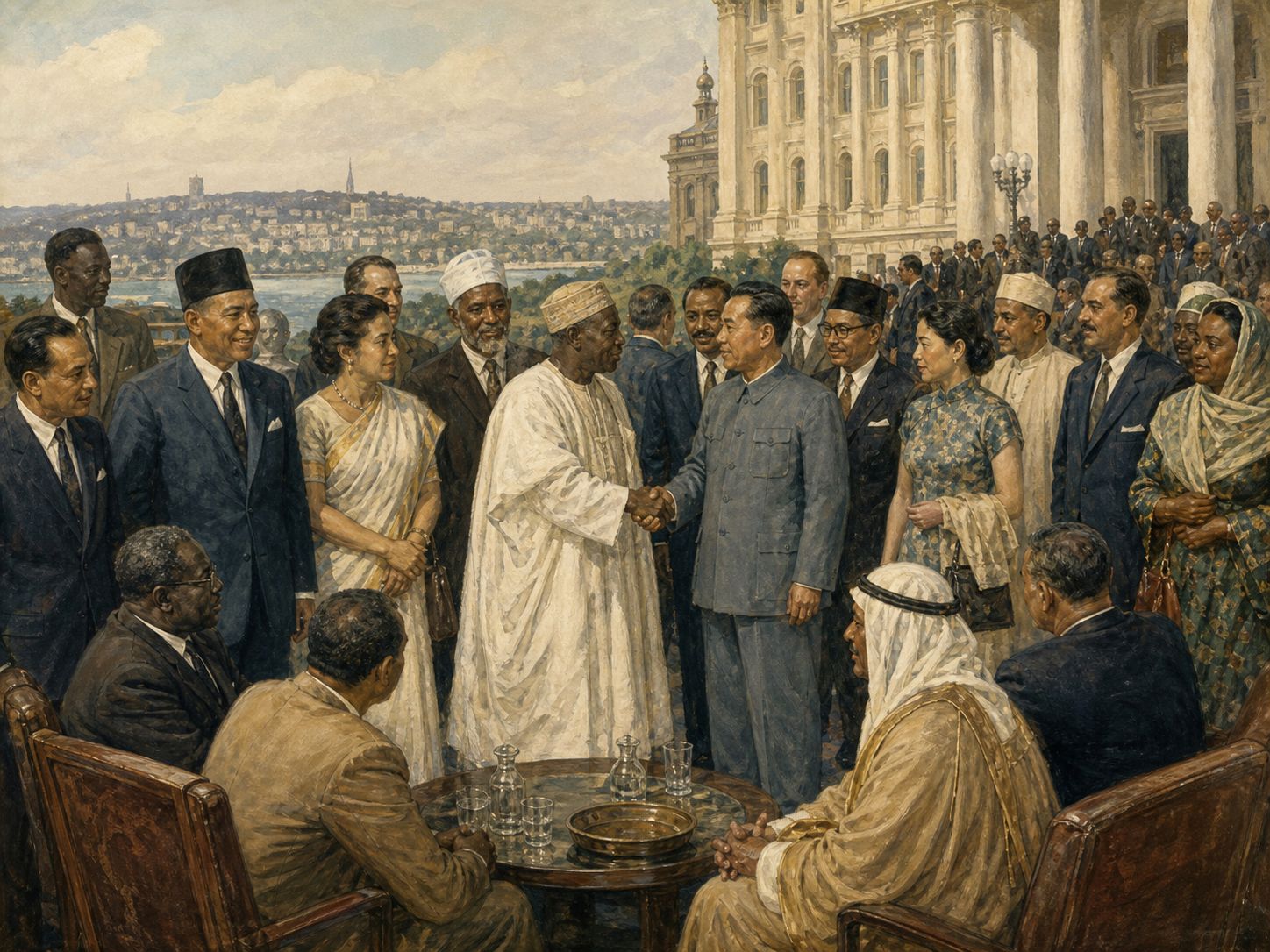 Historical reconstruction of Founding of the Non-Aligned Movement's immediate aftermath: Non-alignment connected a refusal to join military blocs with debates at the United Nations and over the world economy.