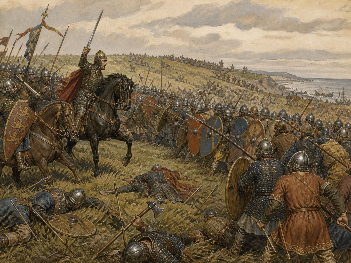 Historical reconstruction of Norman Conquest of England's central action: Harold II moved south after defeating a northern invasion and met William’s army at Hastings.