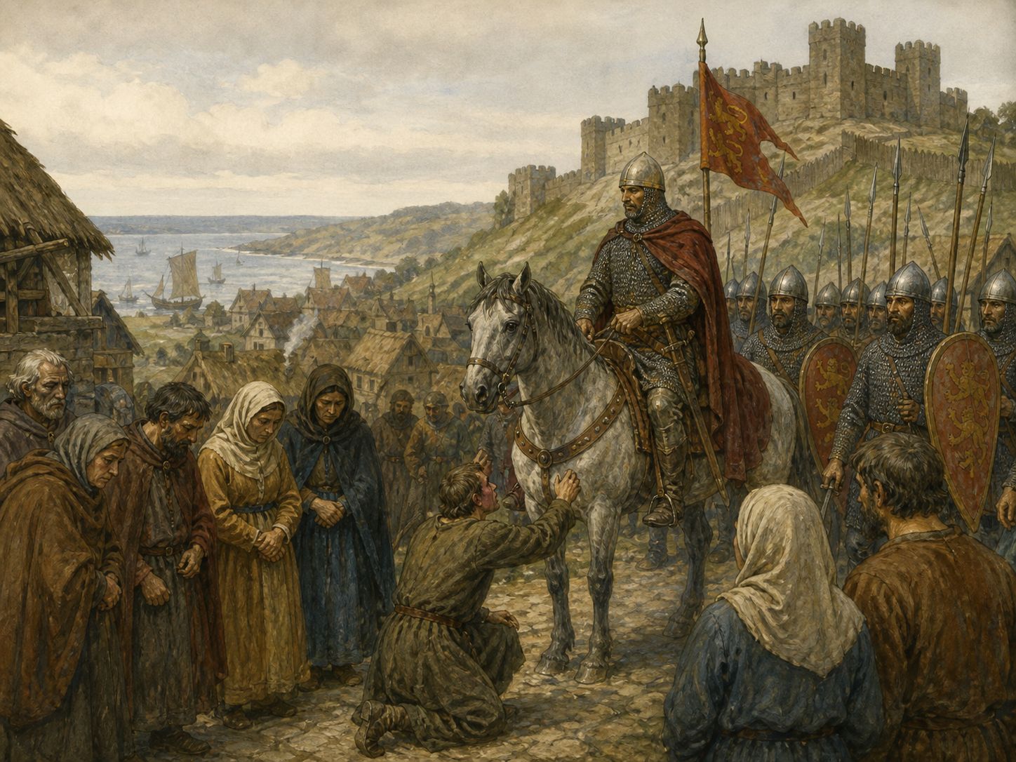 Historical reconstruction of Norman Conquest of England's immediate aftermath: William gained the throne and consolidated rule through castles, redistribution of land, and administrative records.