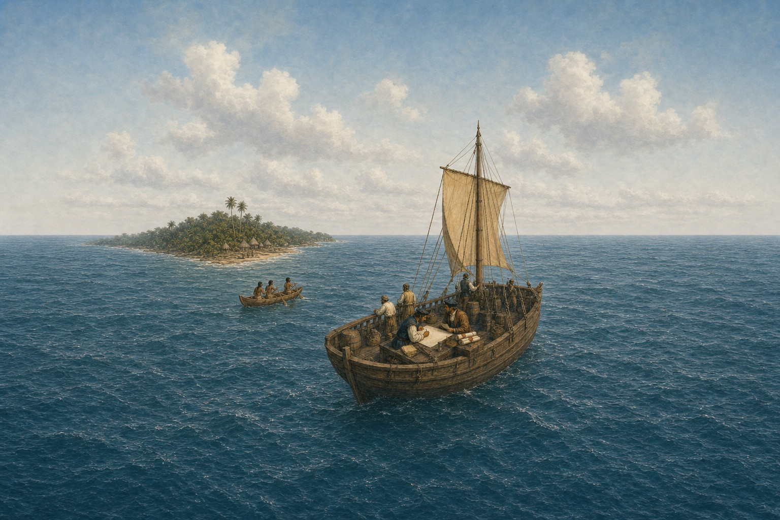 A navigator aboard the same deck of one complete vessel sketches an unmarked coastline beside sealed blank reports as a complete three-person canoe travels along a finite tropical islet shore with homes and residents