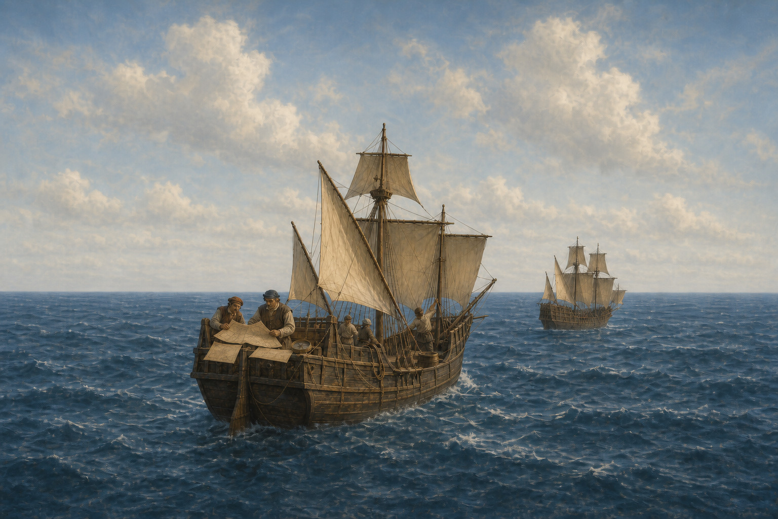 Two complete sailing vessels cross the sea as two men on the near ship's continuous stern deck consult several unmarked charts and a circular compass while the distant ship follows