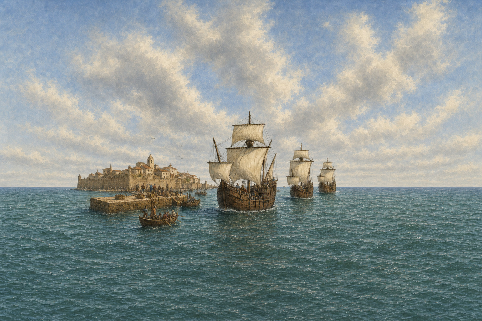 Three complete sailing vessels move from the harbor through continuous sea and sky as workers gather on the stone quay behind at left and a complete small boat travels in front