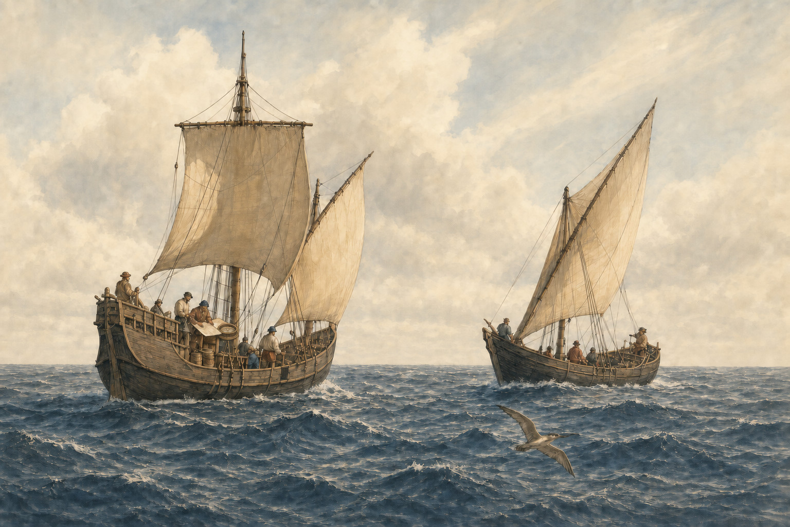 Two complete vessels with different sail plans cross choppy water beneath seabirds as navigators aboard the left ship consult a chart and a clear circular instrument