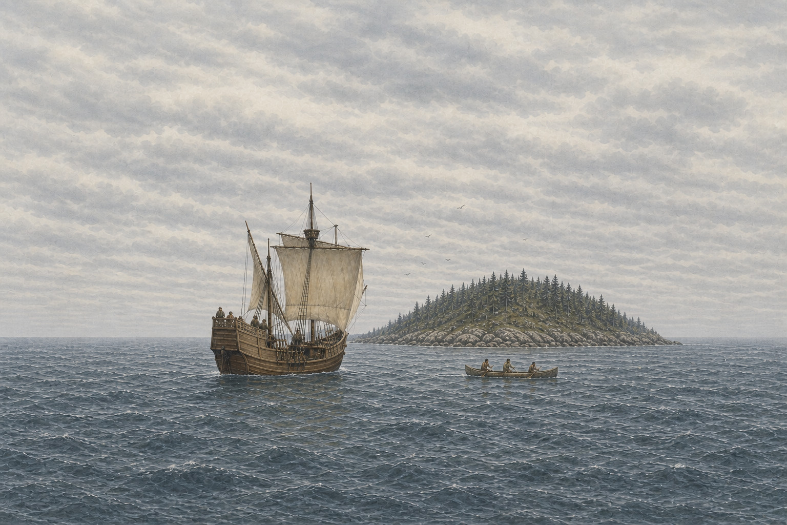 One complete Bristol vessel crosses cold water while a complete three-person fishing canoe travels at a distance beyond a finite, unidentified rocky wooded islet