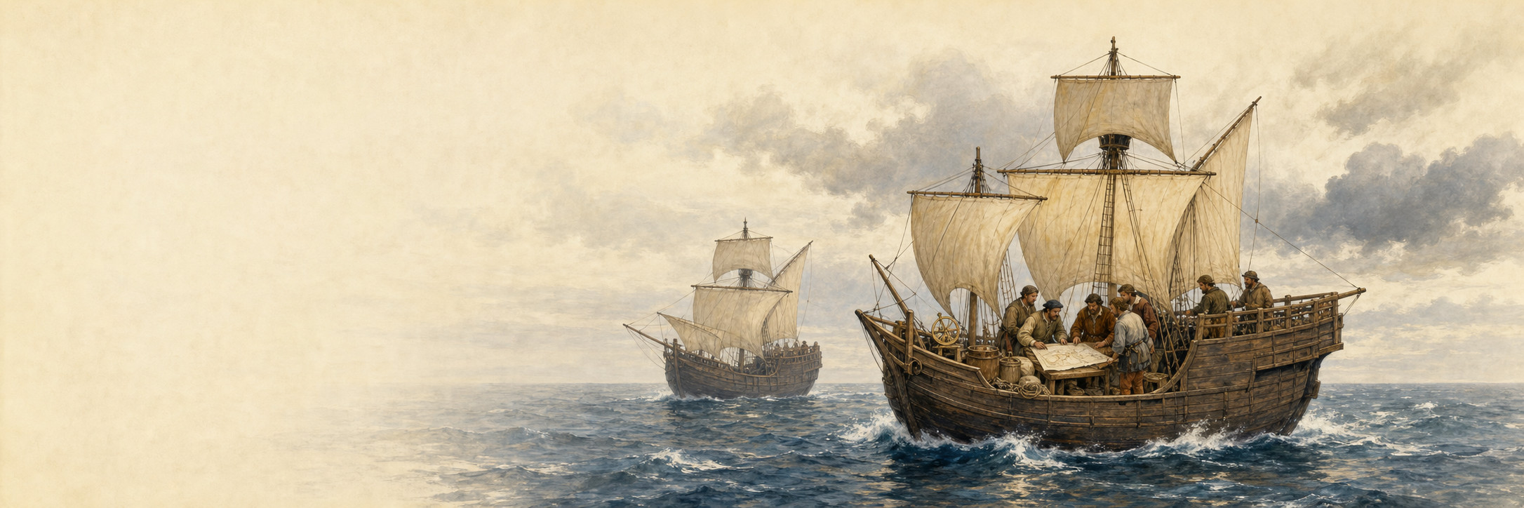 Two sailing vessels cross choppy water on the right as crew gather around an open chart aboard the nearer ship, with pale sky and sea extending across the left