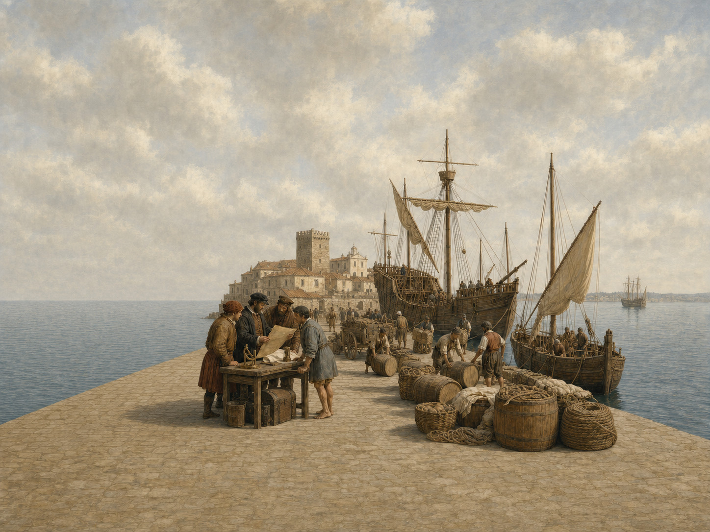 At the central stone quay and town of Palos, people study a chart around a complete table as workers move cargo onto vessels, with open water and sky across the left