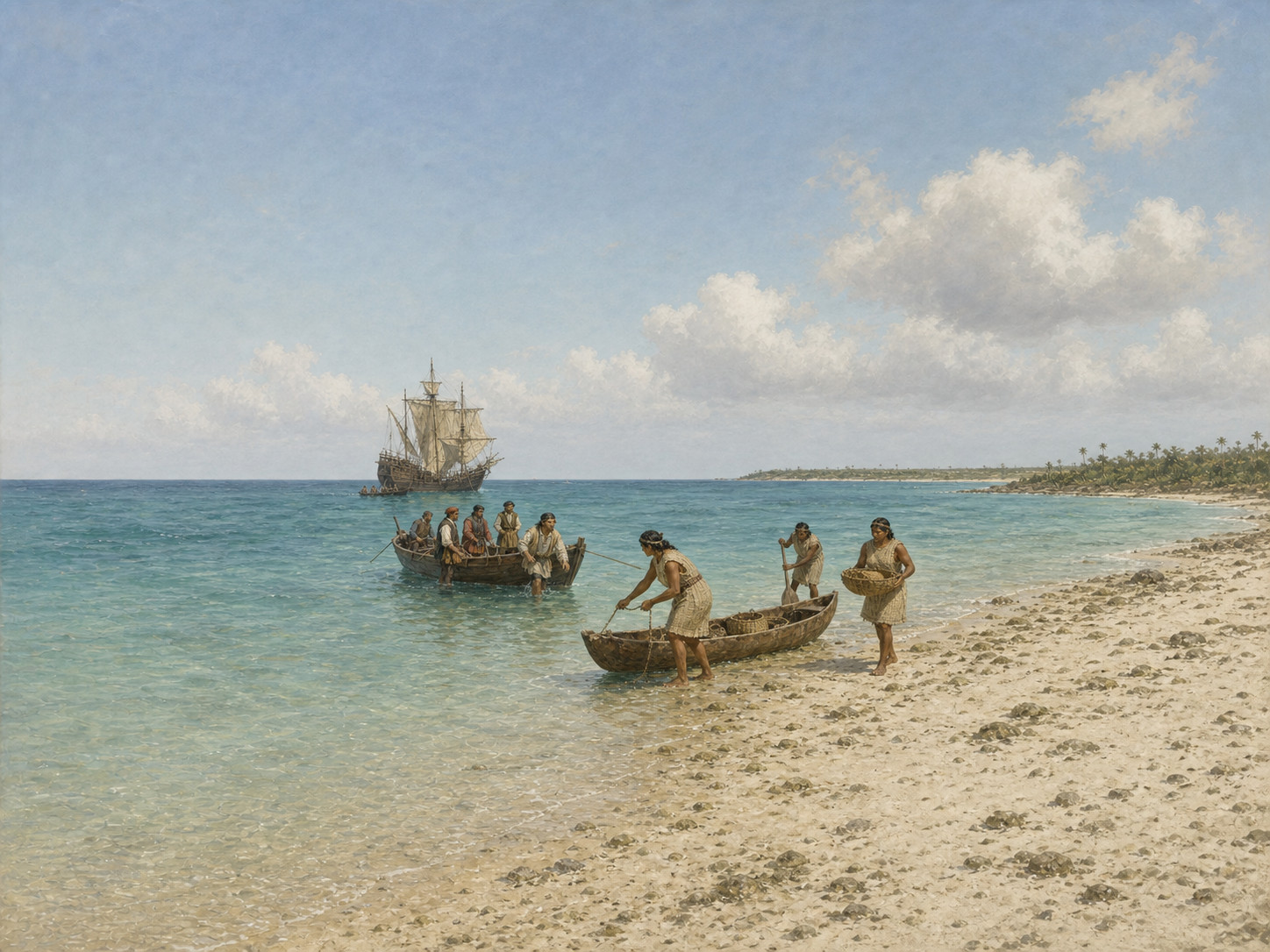 In the shallows, one Taíno resident guides a dugout canoe by rope, another works at the shore with a paddle, and another carries a woven basket on her arm as Europeans approach by small boat