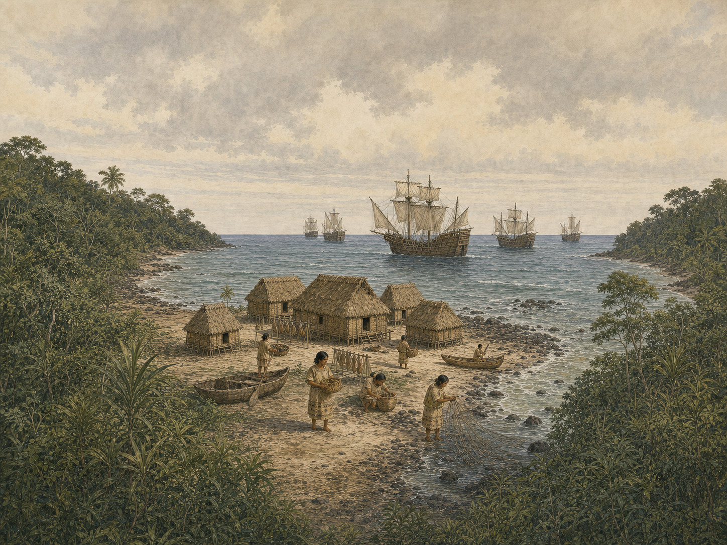 A central village of five thatched houses stands on a forested coast as fully clothed Indigenous residents carry baskets, fish with a net, and handle two complete dugout canoes below a fleet offshore