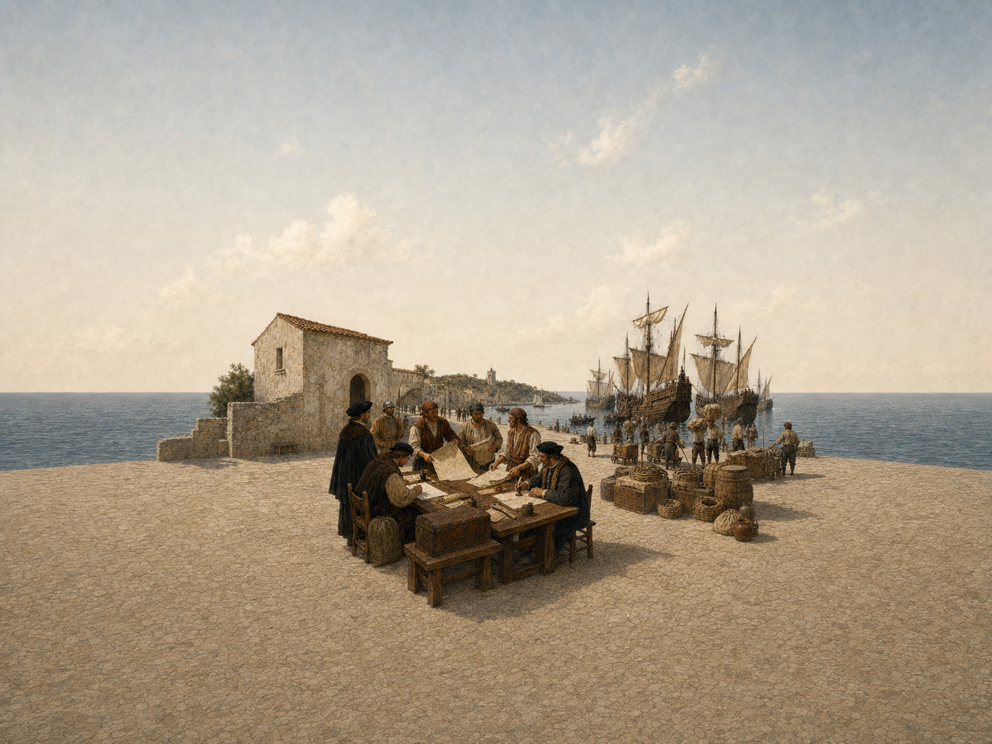 Beneath broad sky on a wide stone quay, people handle charts and reports at a central table as workers carry crates and barrels toward a complete fleet behind them