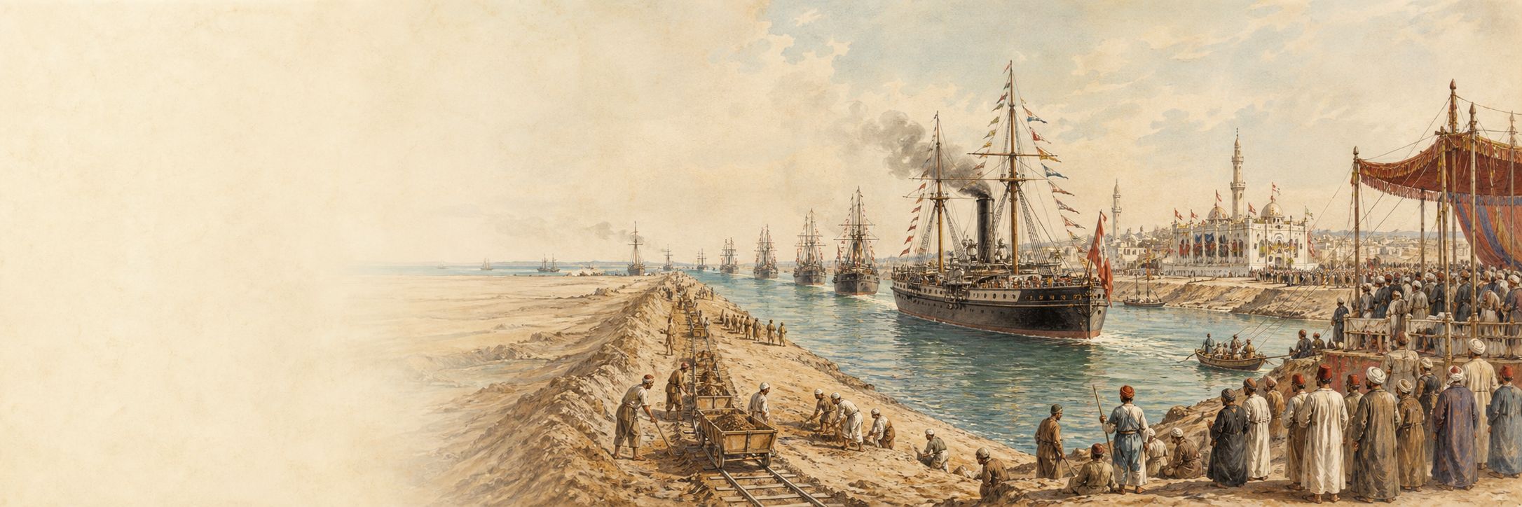 Reconstruction of ships passing Port Said during the opening ceremony of the Suez Canal in 1869