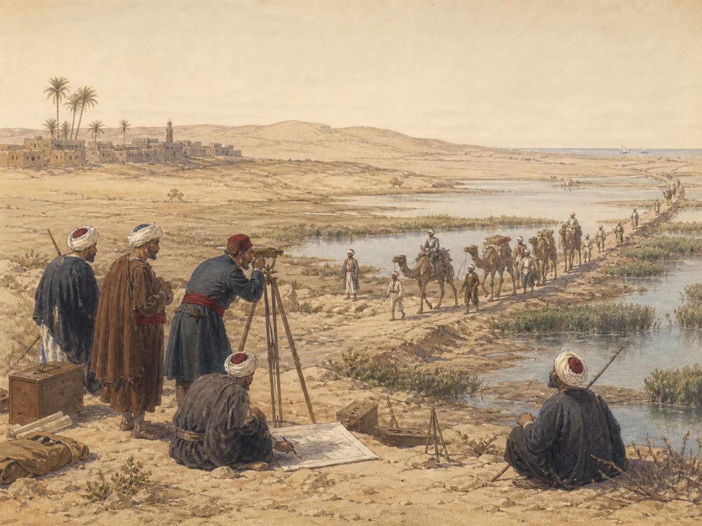 Historical reconstruction of Opening of the Suez Canal's background: Older plans to connect the Nile and Red Sea, interest in shortening Europe–Asia routes, Egyptian dynastic politics, and European capital supported the canal project.