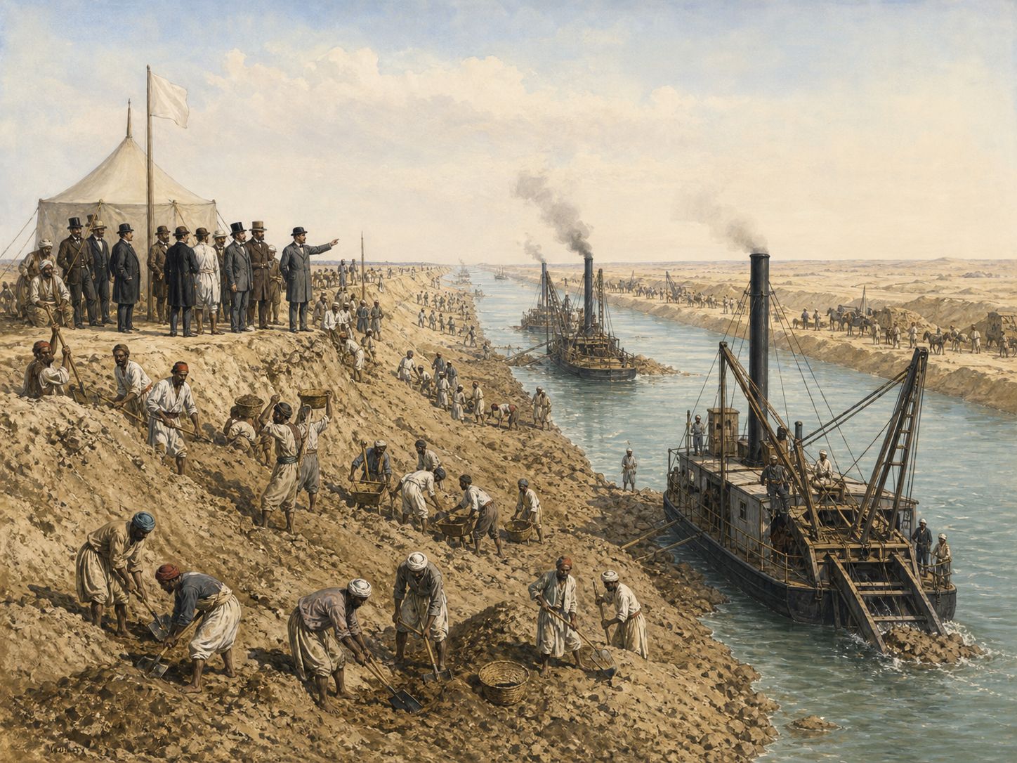 Historical reconstruction of Opening of the Suez Canal's central action: Following Said Pasha’s concession and Ferdinand de Lesseps’s company, Egyptian workers, engineers, and dredging machinery excavated the canal from 1859 to 1869.