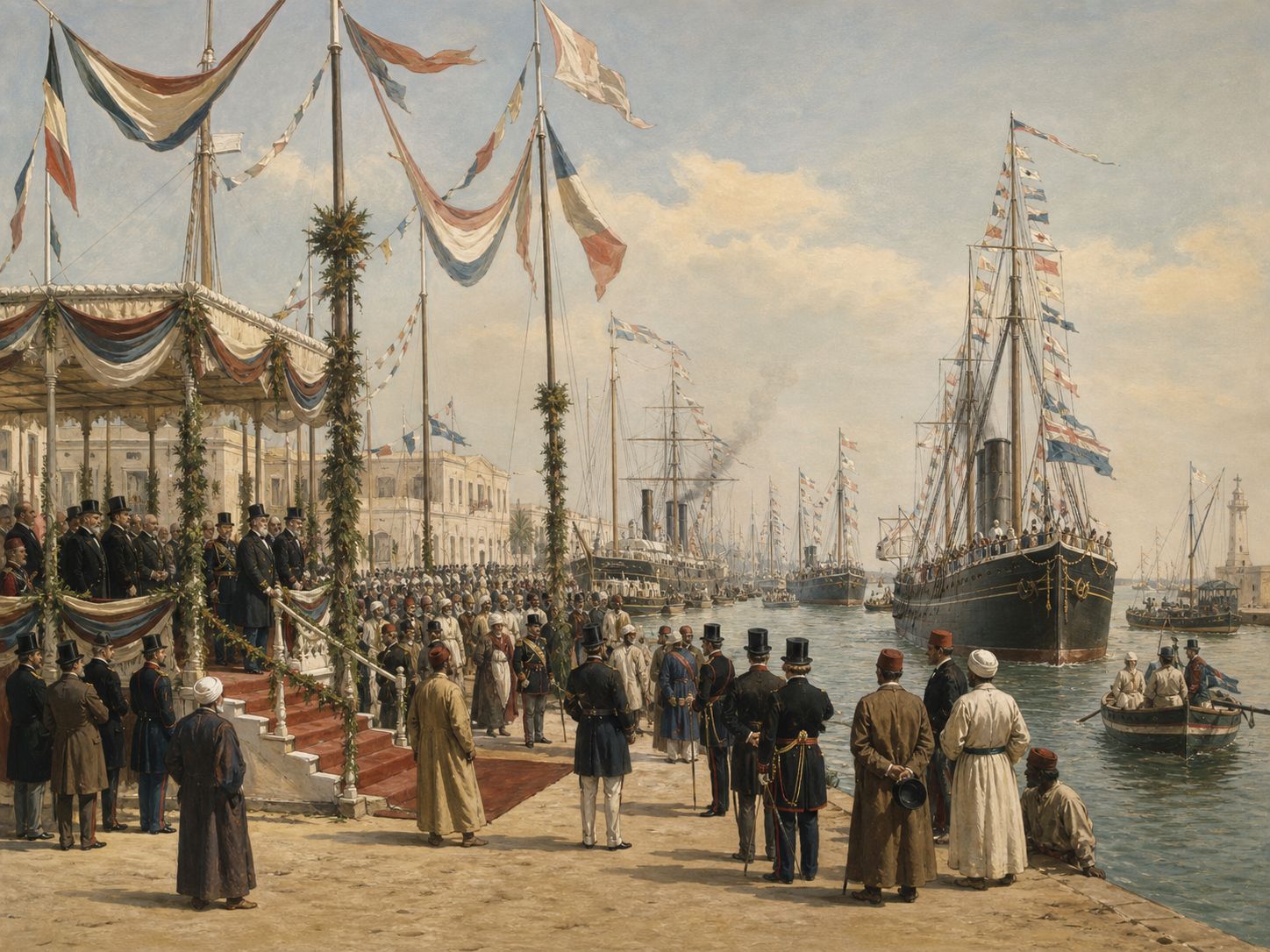 Historical reconstruction of Opening of the Suez Canal's immediate aftermath: Ships passed through the canal during the 1869 inauguration, shortening maritime routes between Europe and Asia.