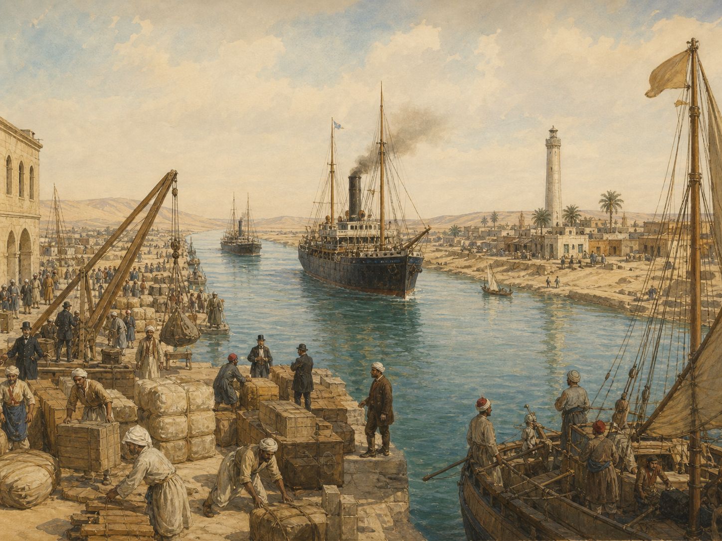 Historical reconstruction of Opening of the Suez Canal's long-term consequences: The canal was both a global trade corridor and infrastructure connecting labor, empire, finance, and Egyptian politics.
