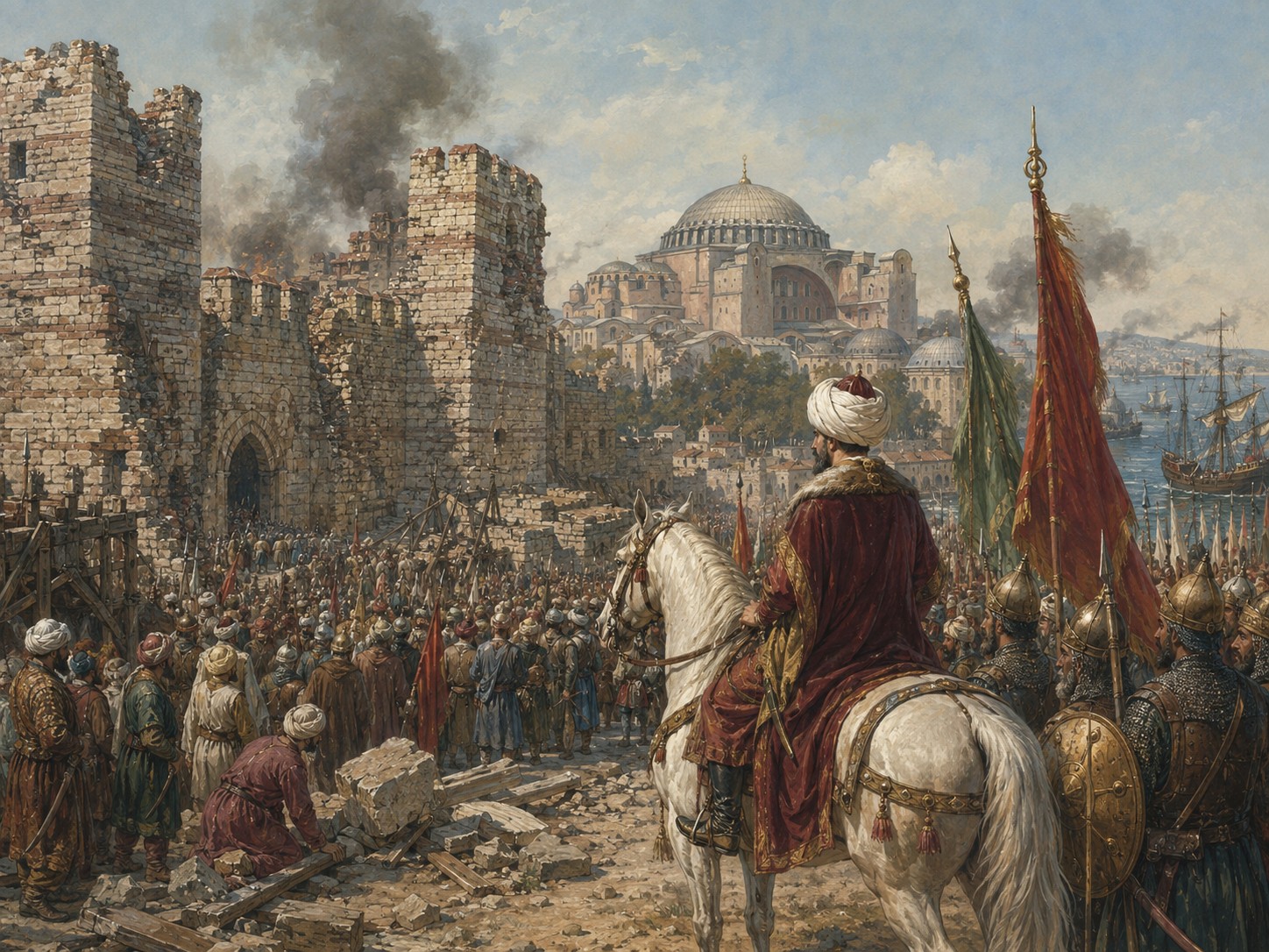 Historical reconstruction of Ottoman Conquest of Constantinople's central action: The Ottoman army under Mehmed II captured the city and ended the political center of the Byzantine Empire.