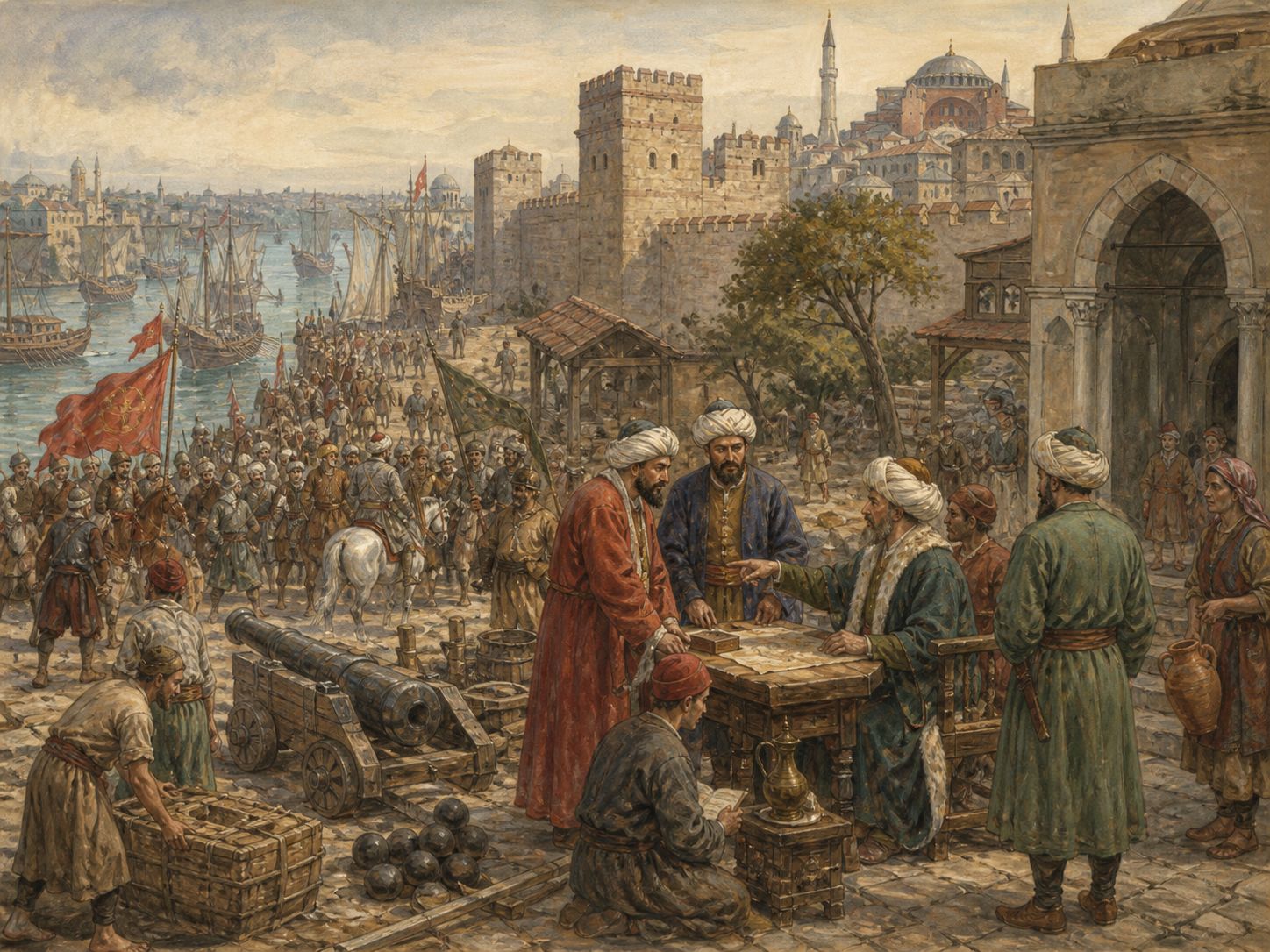 Historical reconstruction of Ottoman Conquest of Constantinople's immediate aftermath: The city was reorganized as an Ottoman capital, reshaping power relations in the eastern Mediterranean and long-distance trade.