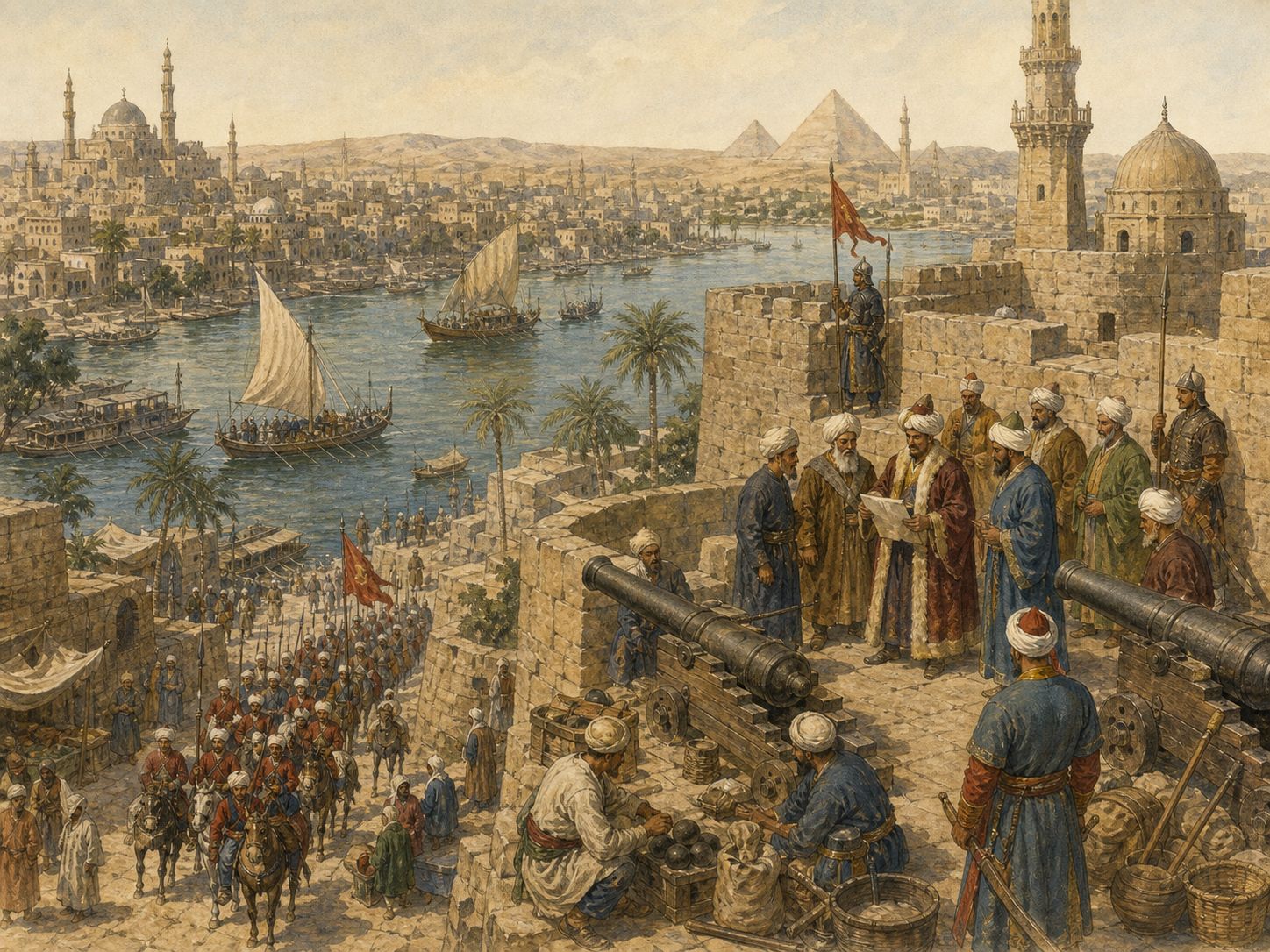 Historical reconstruction of Ottoman Conquest of Egypt's background: In and around Cairo, the setting took shape as The Ottoman army of Selim I defeated the Mamluk sultanate and incorporated Egypt and Syria into the empire.