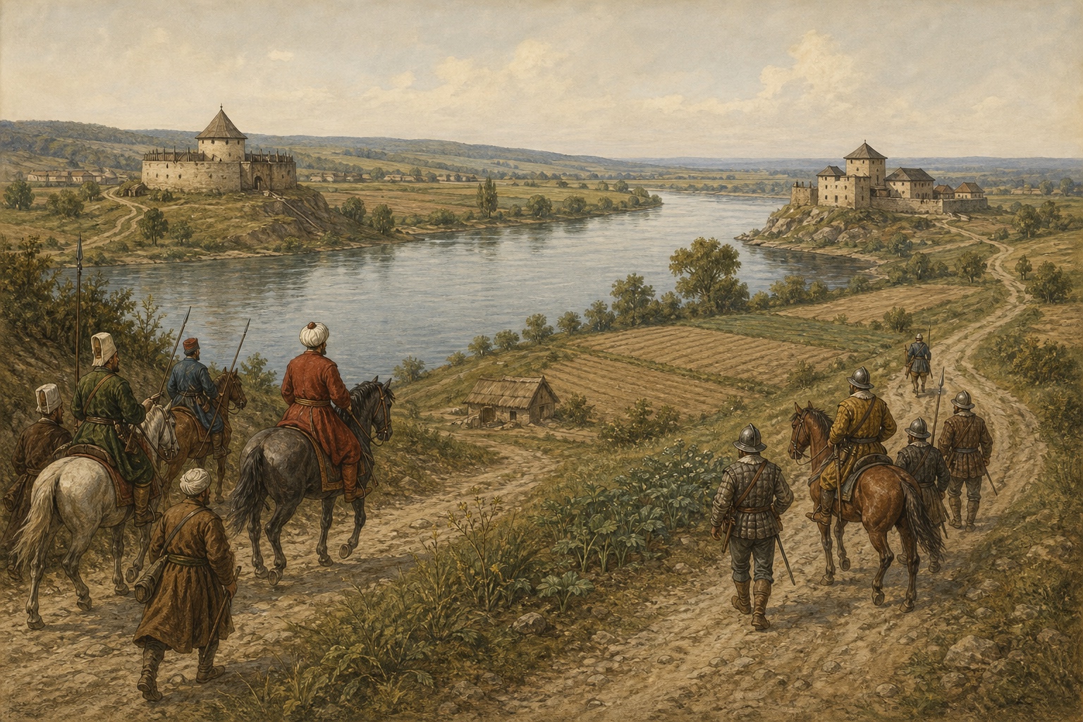 Ottoman and Habsburg patrols following separate roads between two forts across a river borderland