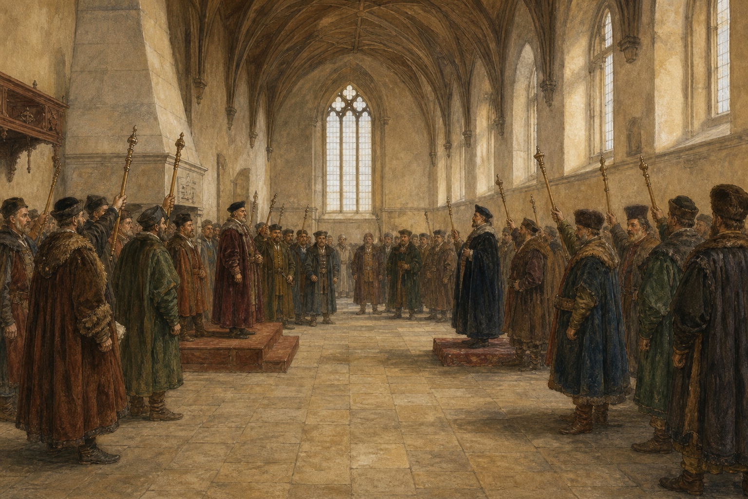 Hungarian magnates acclaiming separate claimants at opposite ends of one Gothic hall