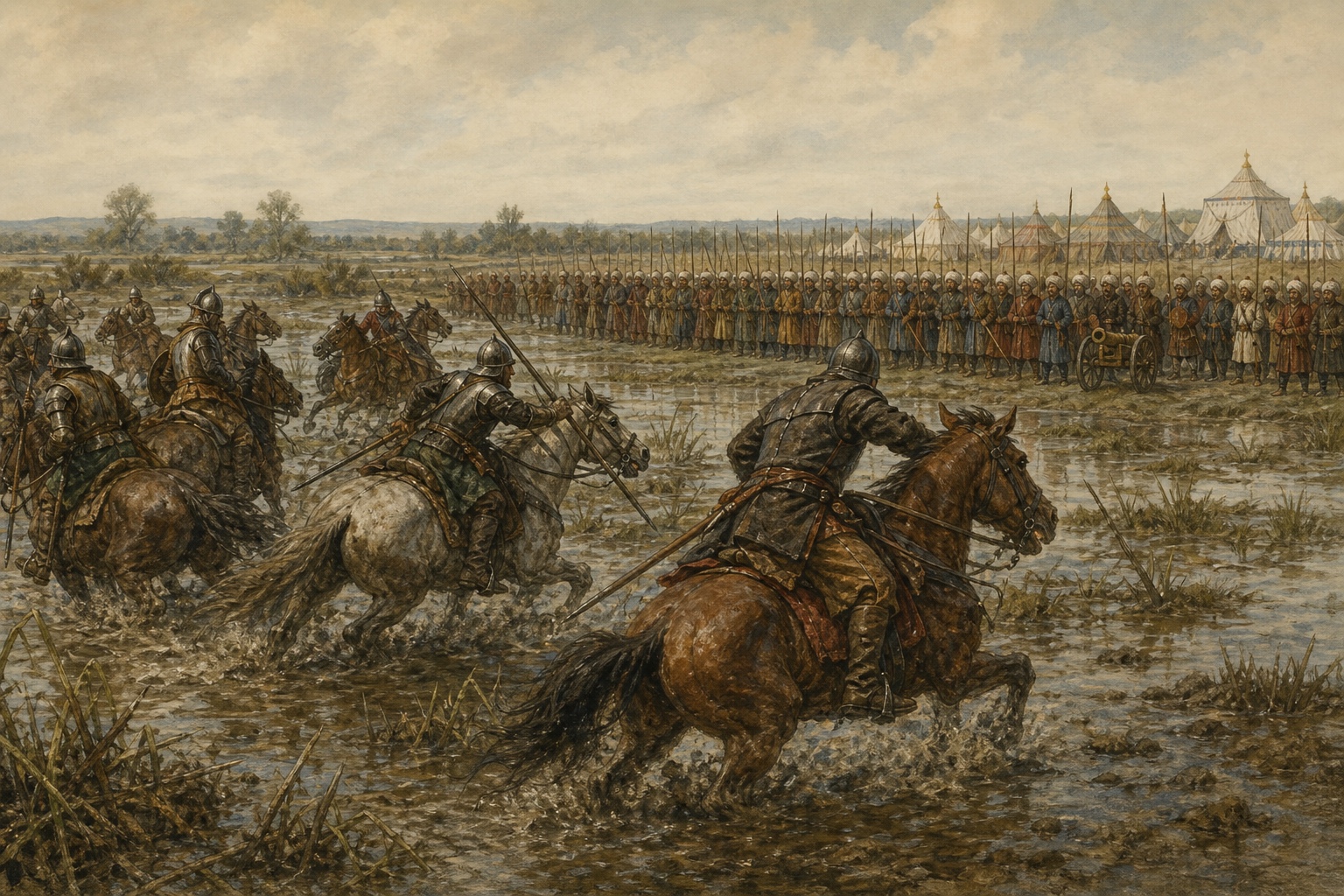 Armored Hungarian cavalry losing formation in marshy ground before Ottoman ranks at Mohács