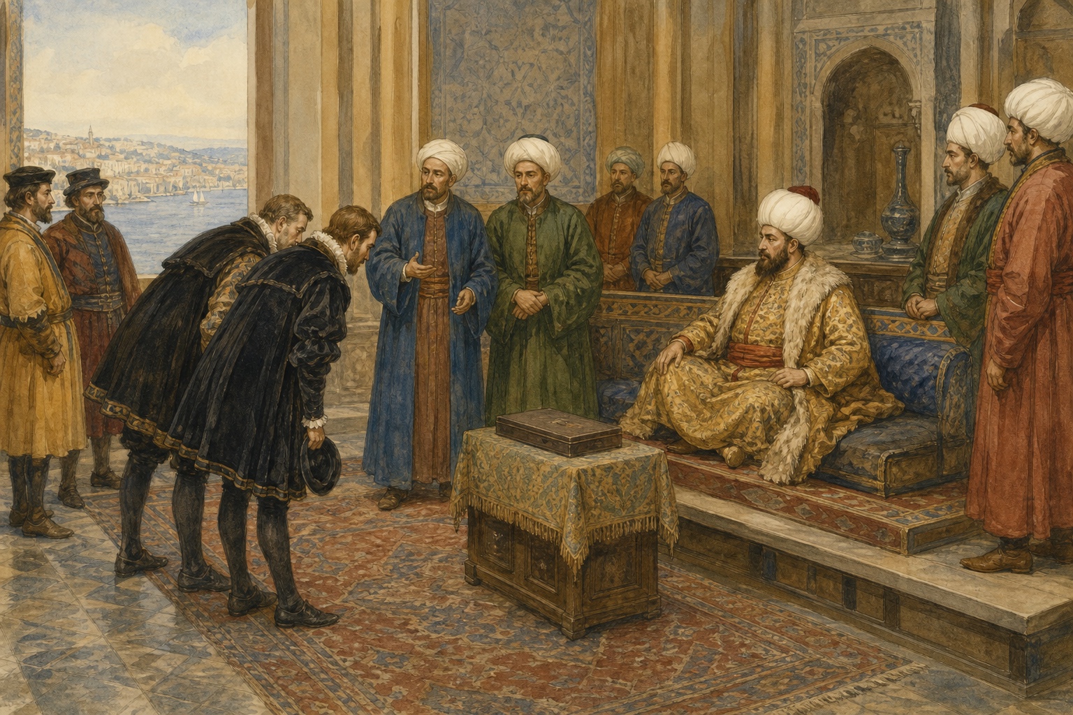 Envoys bowing before an Ottoman ruler with interpreters between the delegations in Istanbul