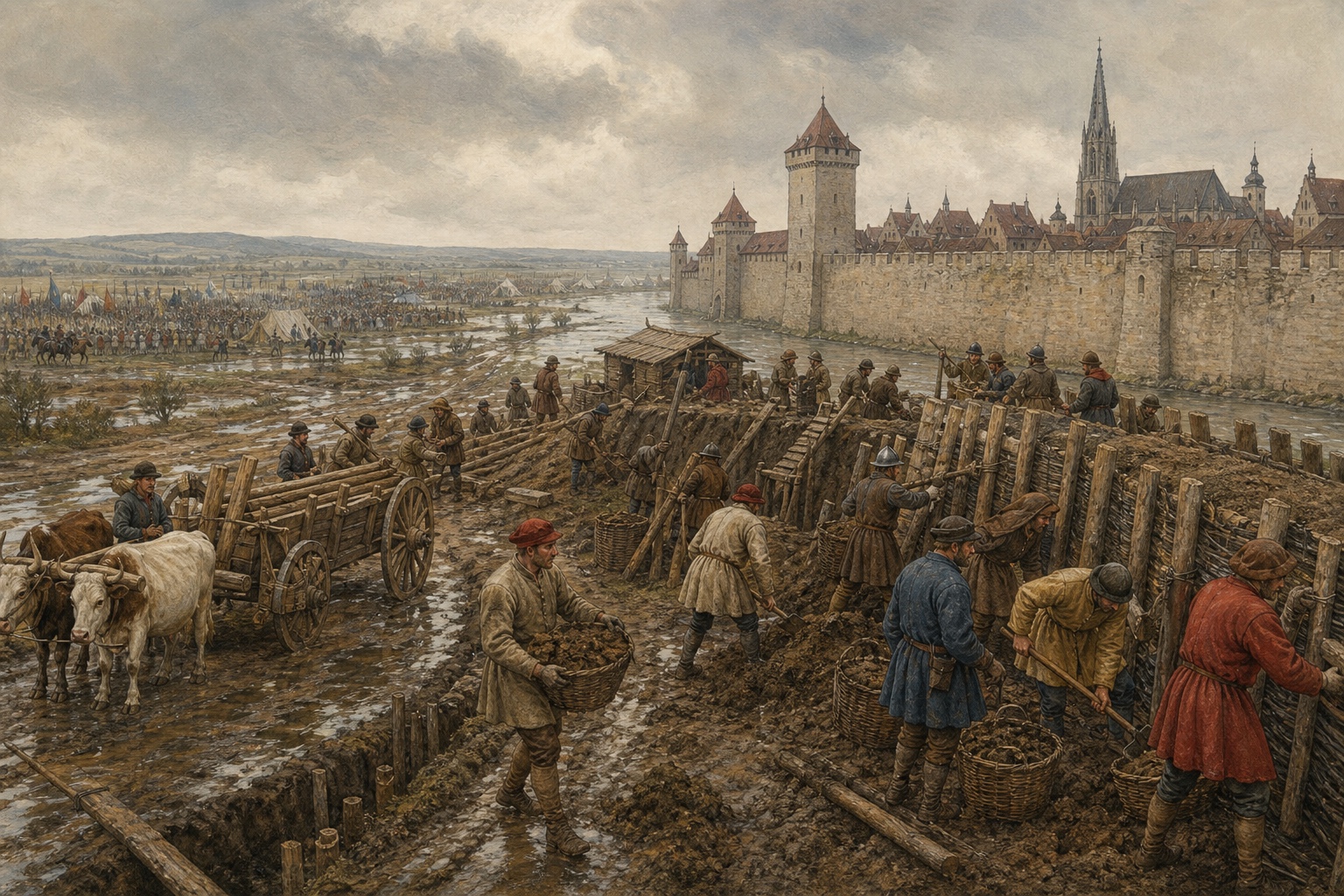 Defenders piling timber and earth before Vienna's walls beside rain-soaked approach fields