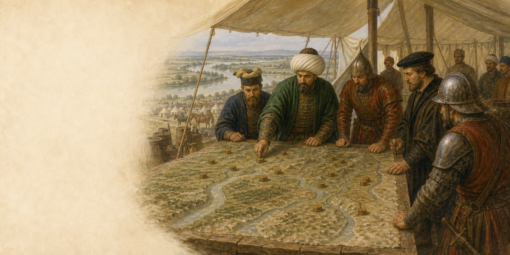 Ottoman commanders placing wooden markers on an unlabeled river relief inside a campaign tent