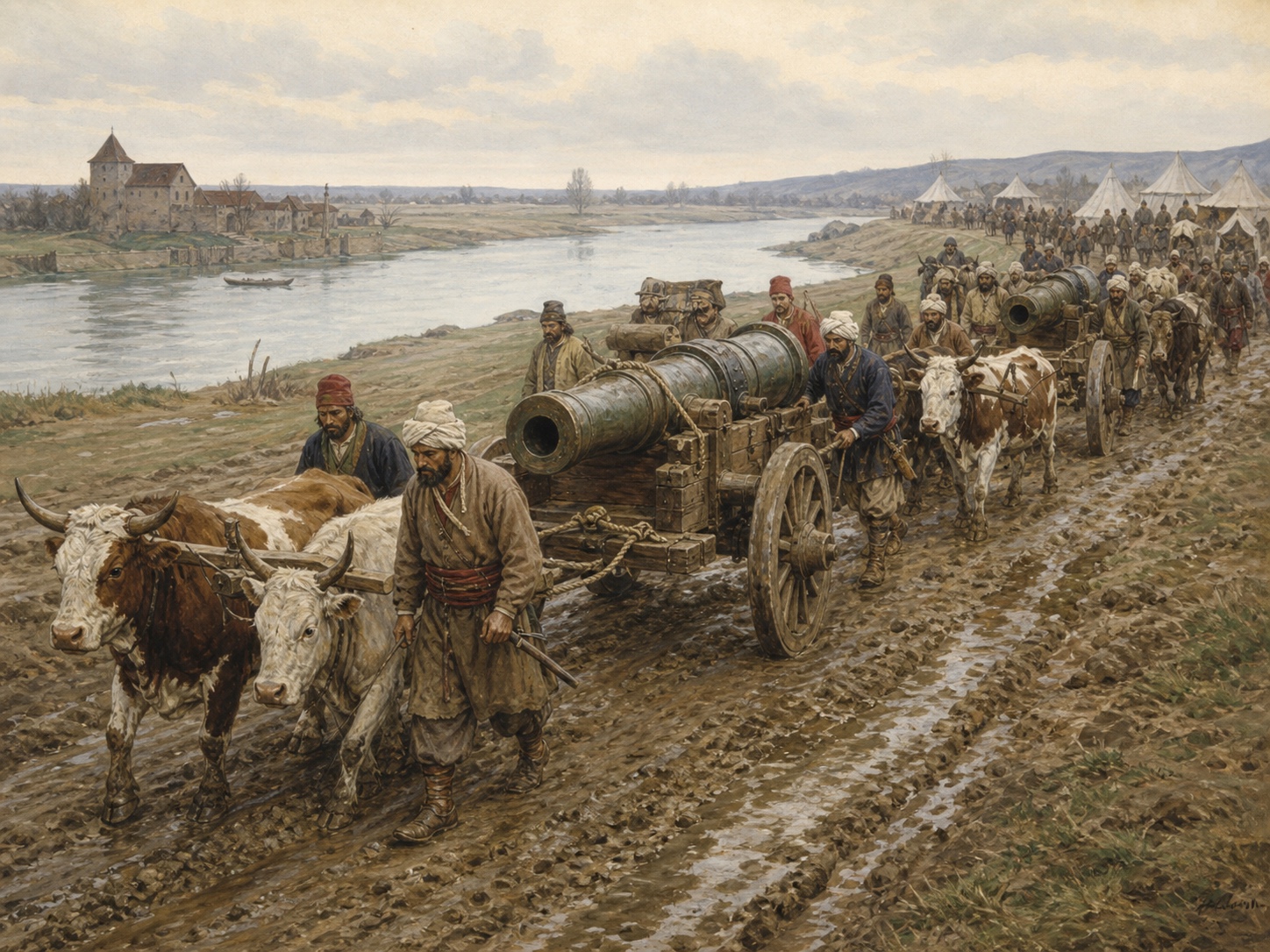 Ottoman artillery crews using ox teams to haul bronze cannon along a muddy Danube road