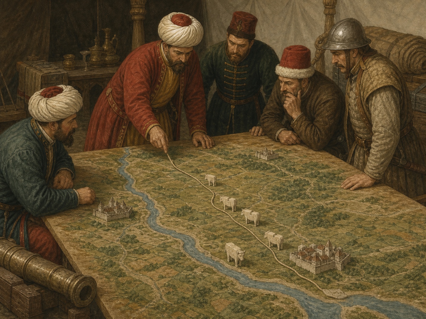 Quartermasters tracing a route with one cord across an unlabeled river terrain model