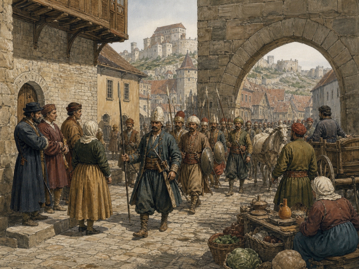 Ottoman infantry entering a stone-gated Buda market street as residents watch