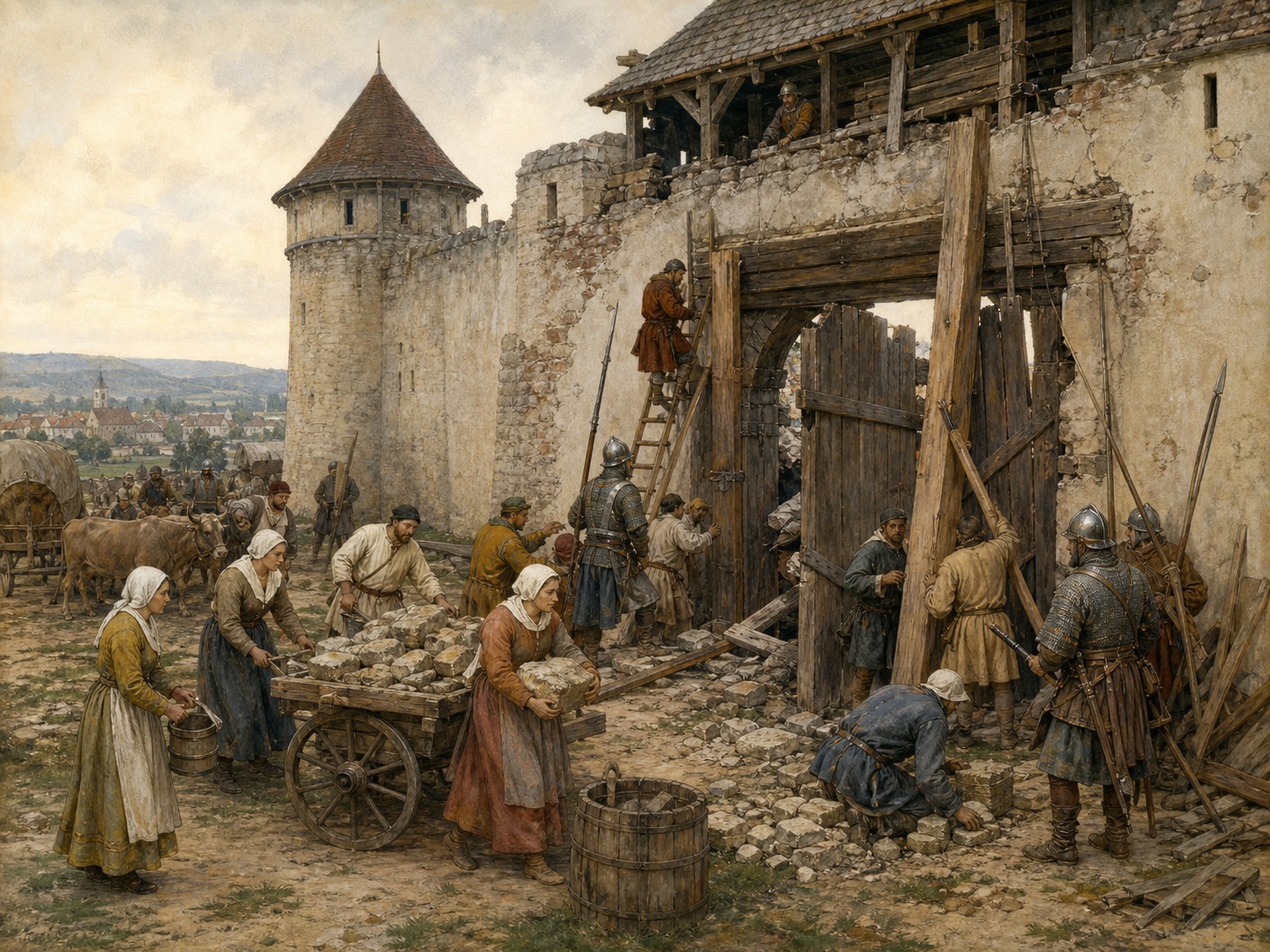 Garrison soldiers and townspeople repairing Kőszeg's damaged timber gate with stone and beams