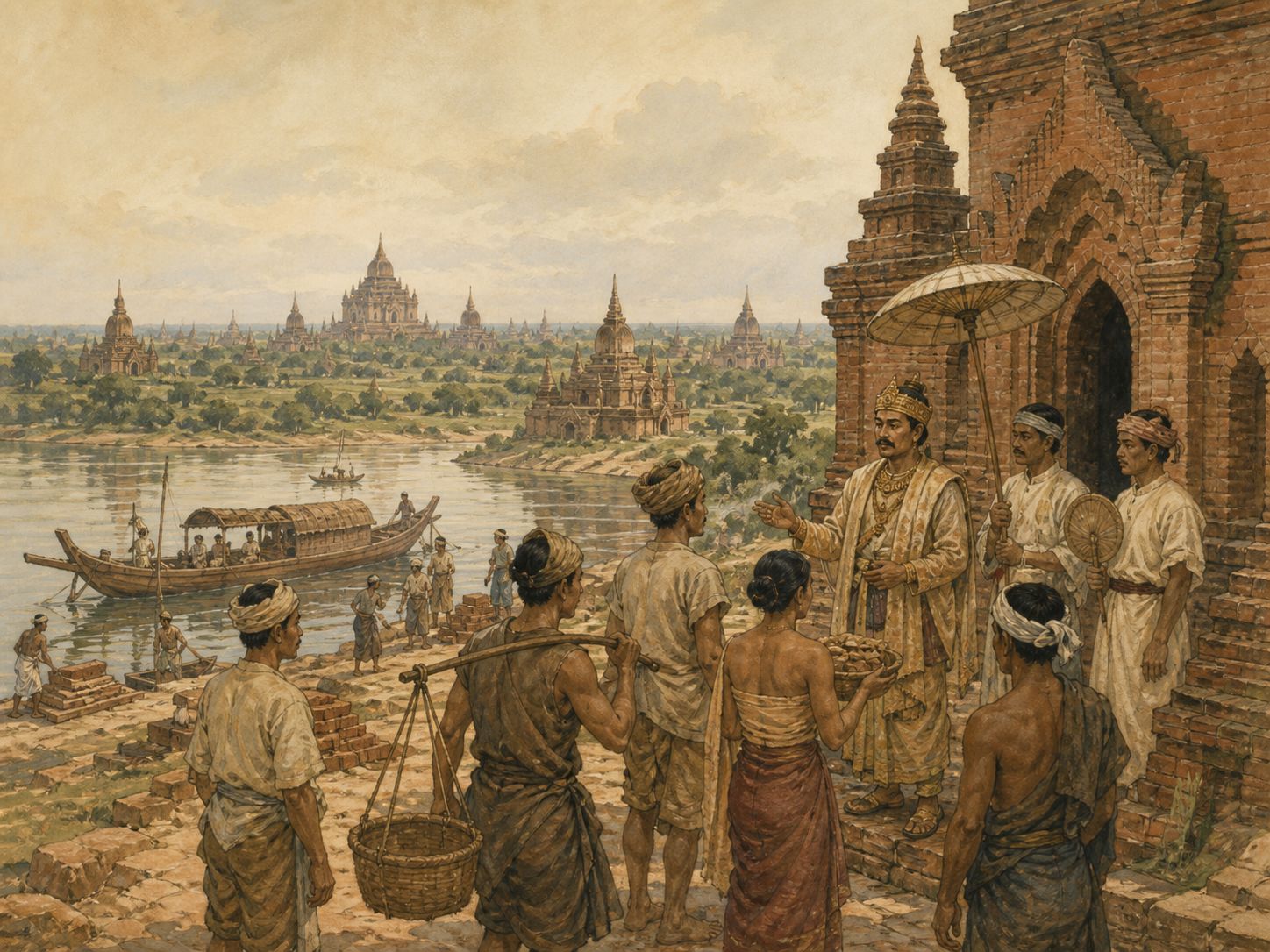 Historical reconstruction of Consolidation of the Pagan Kingdom's central action: The Pagan kingdom combined irrigation, Theravada Buddhism, and temple building to consolidate central Myanmar along the Irrawaddy.