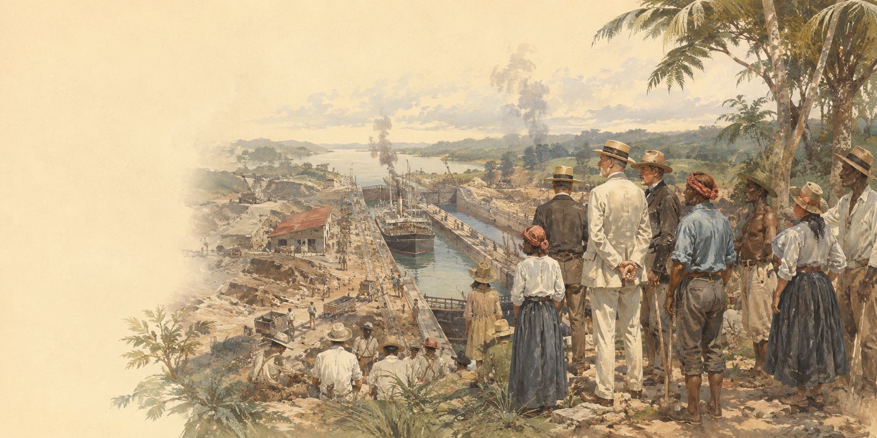 Officials, workers, and residents watch a steamship pass the locks of the Panama Canal
