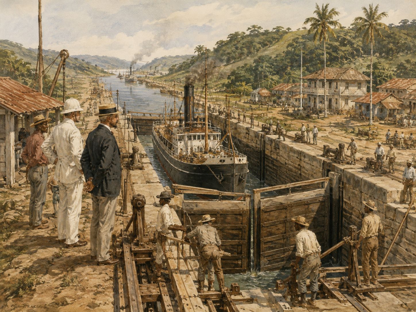 People inspect locks and a ship route at the Panama Canal construction site